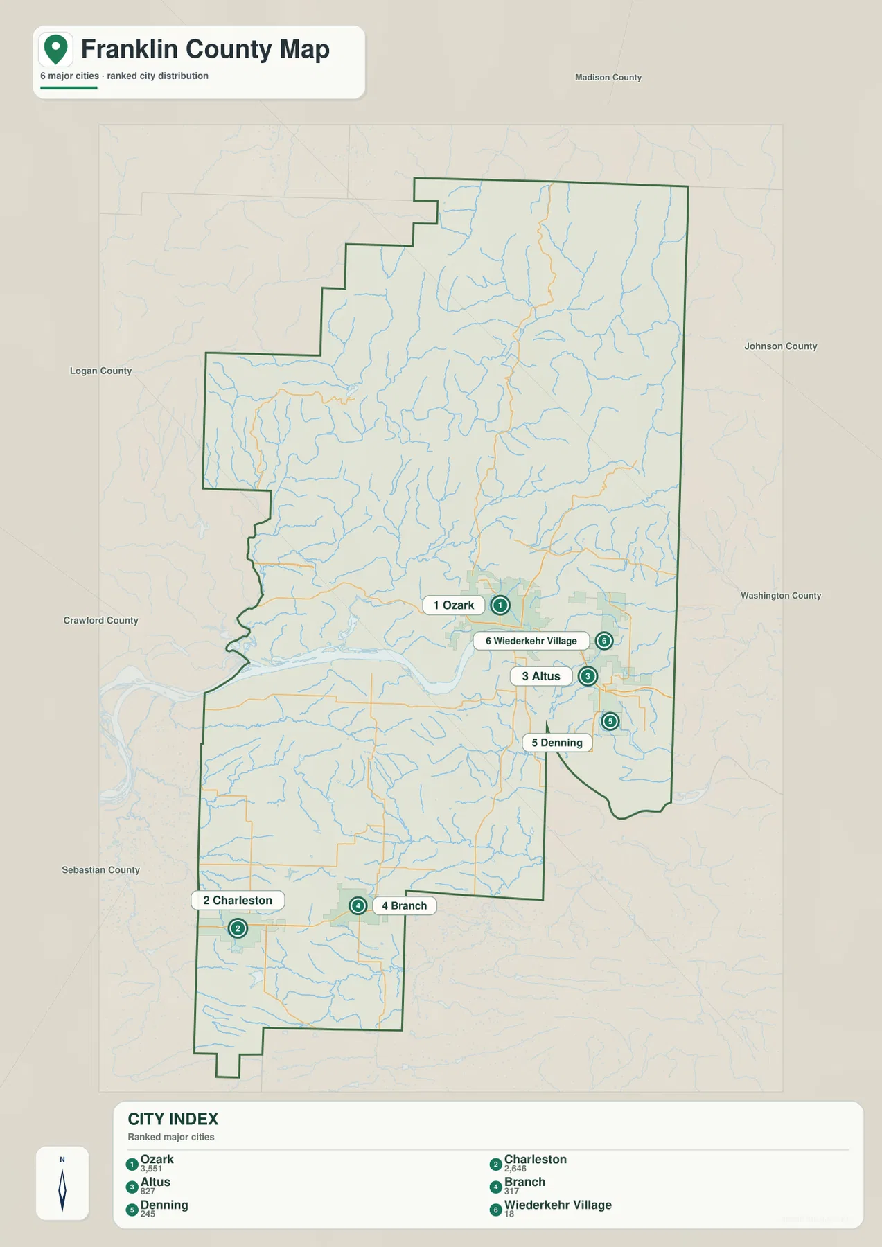 Ozark, Charleston, Altus, Branch, Denning, Wiederkehr Village의 위치와 순위를 표시한 프랭클린 카운티 도시 지도