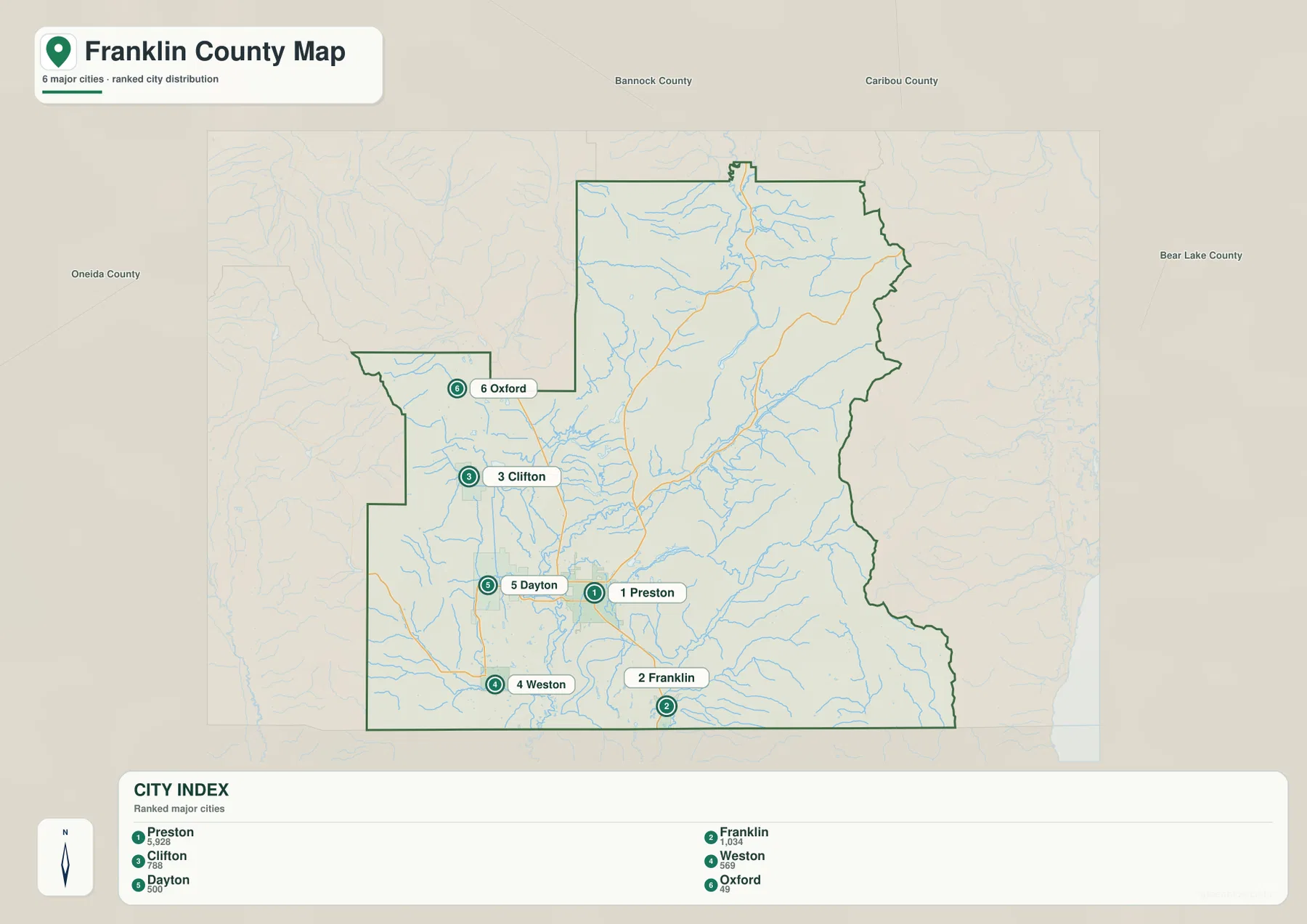 Franklin County city map showing Preston, Franklin, Clifton, Weston, Dayton and Oxford