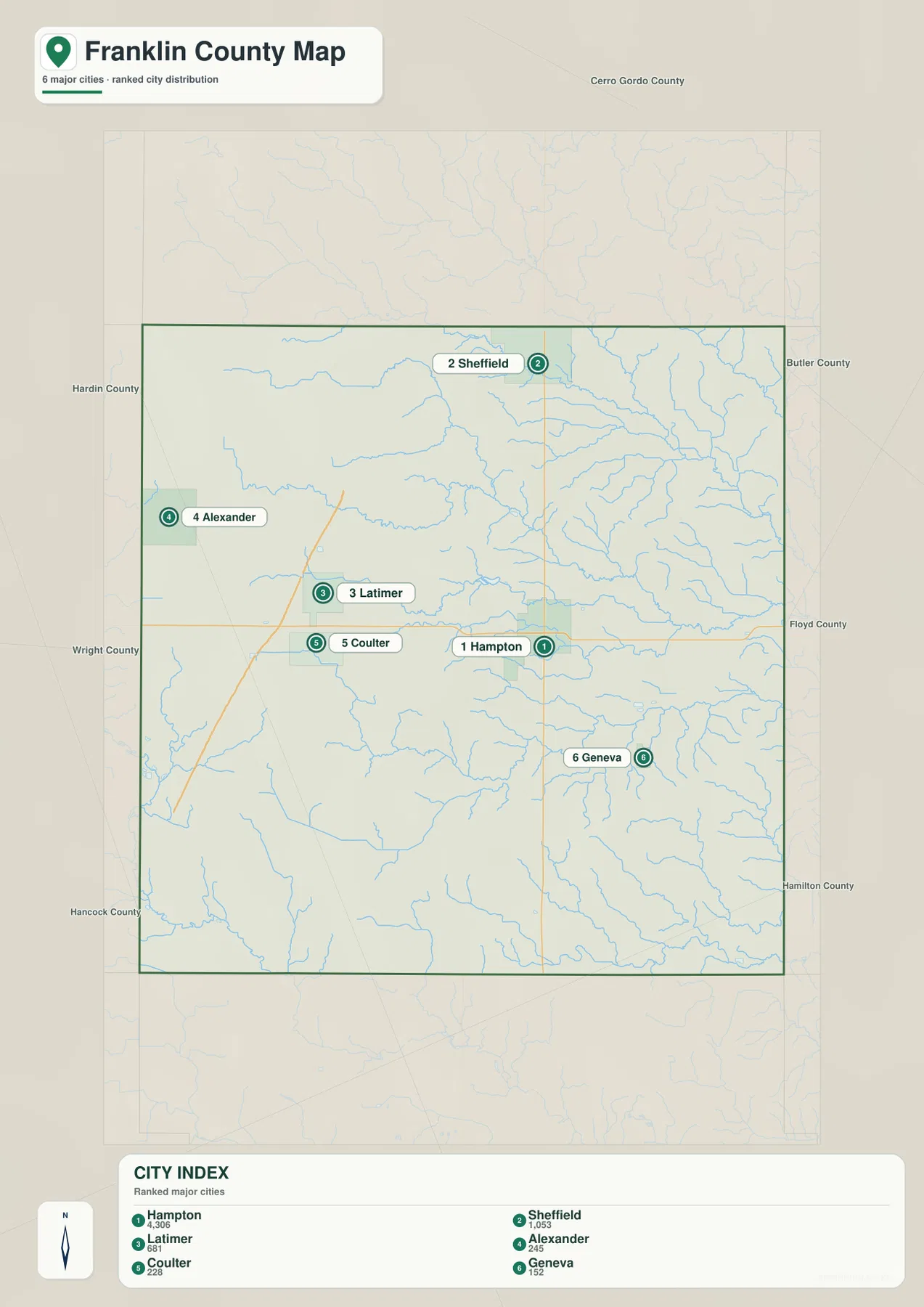 Franklin County Iowa city map Hampton Sheffield Latimer Alexander Coulter Geneva