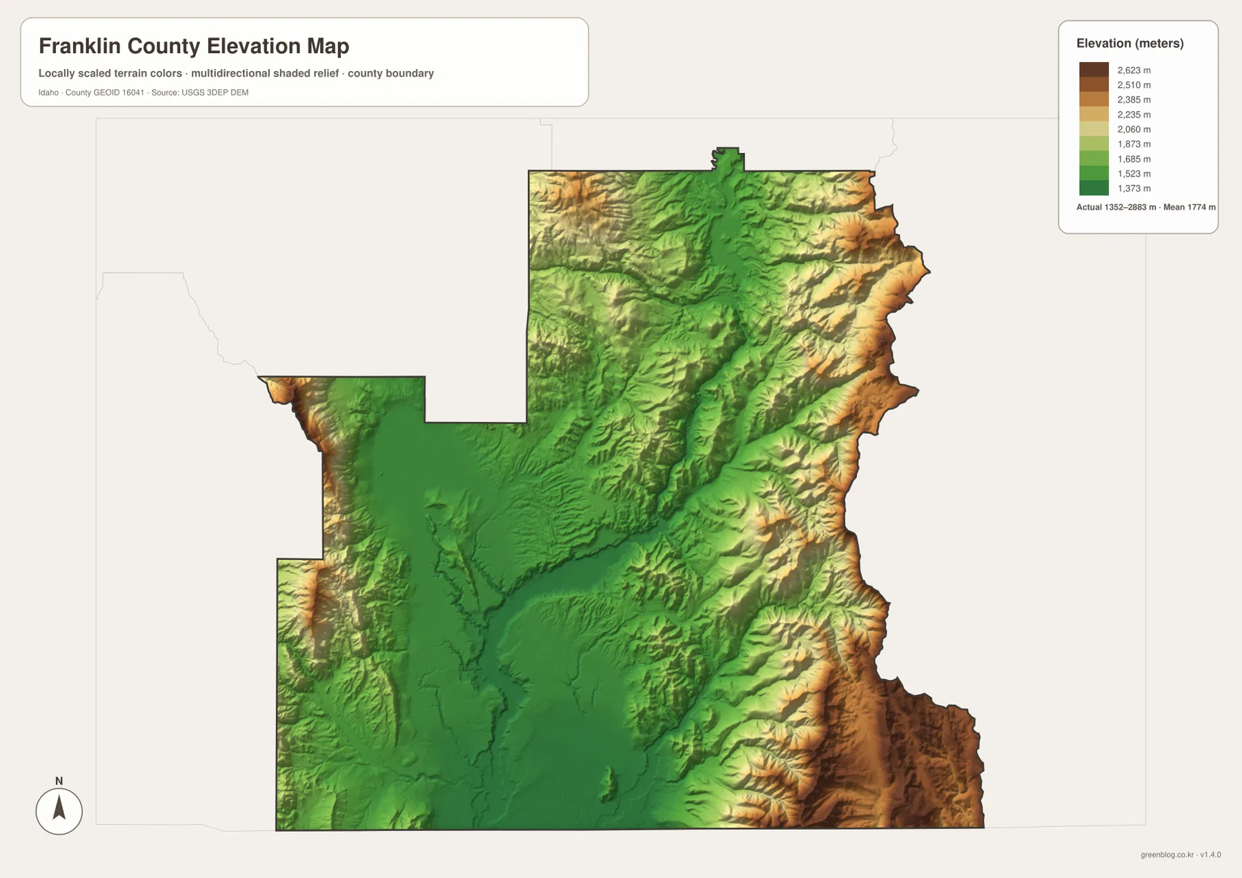 Franklin County elevation map showing low central valleys and high eastern mountains