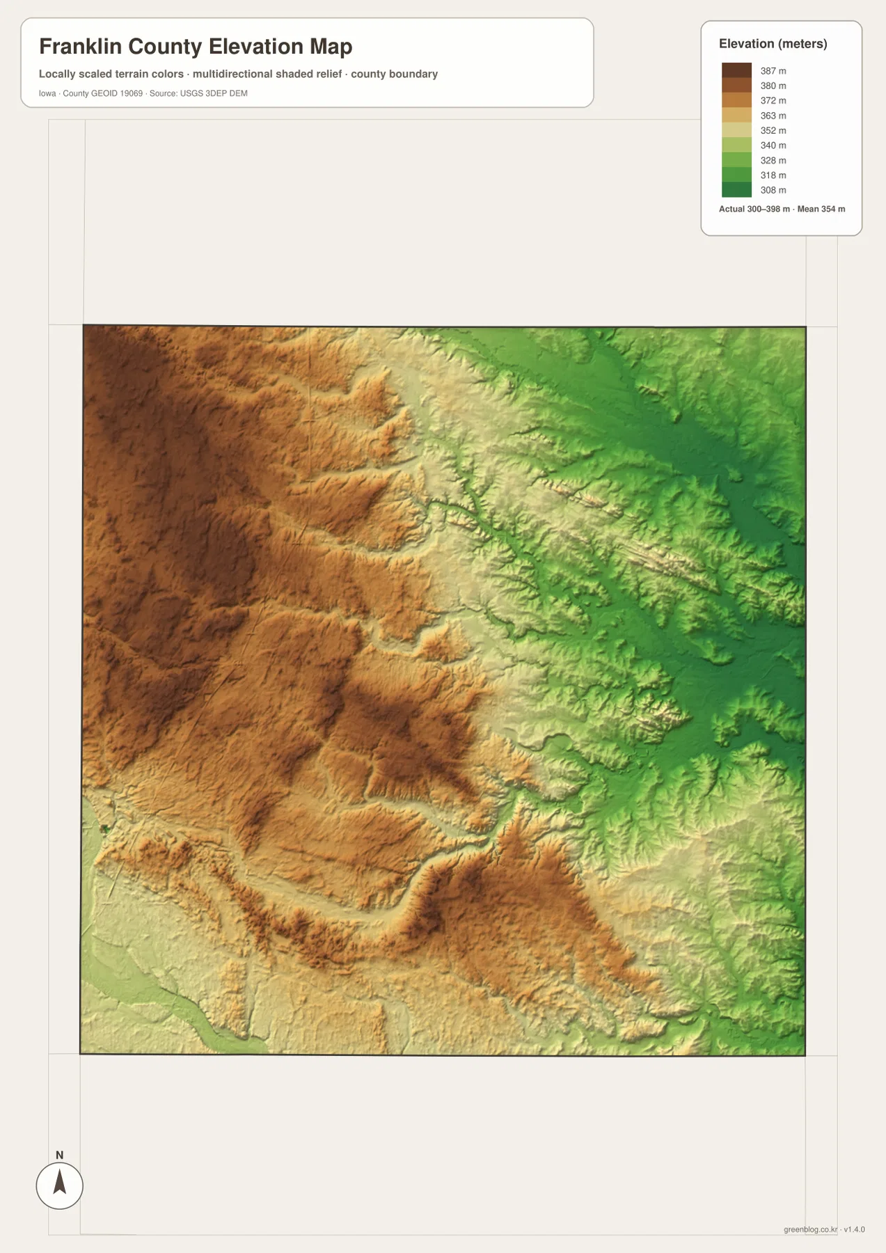 Franklin County Iowa elevation map 300 398 meters western uplands eastern lowlands