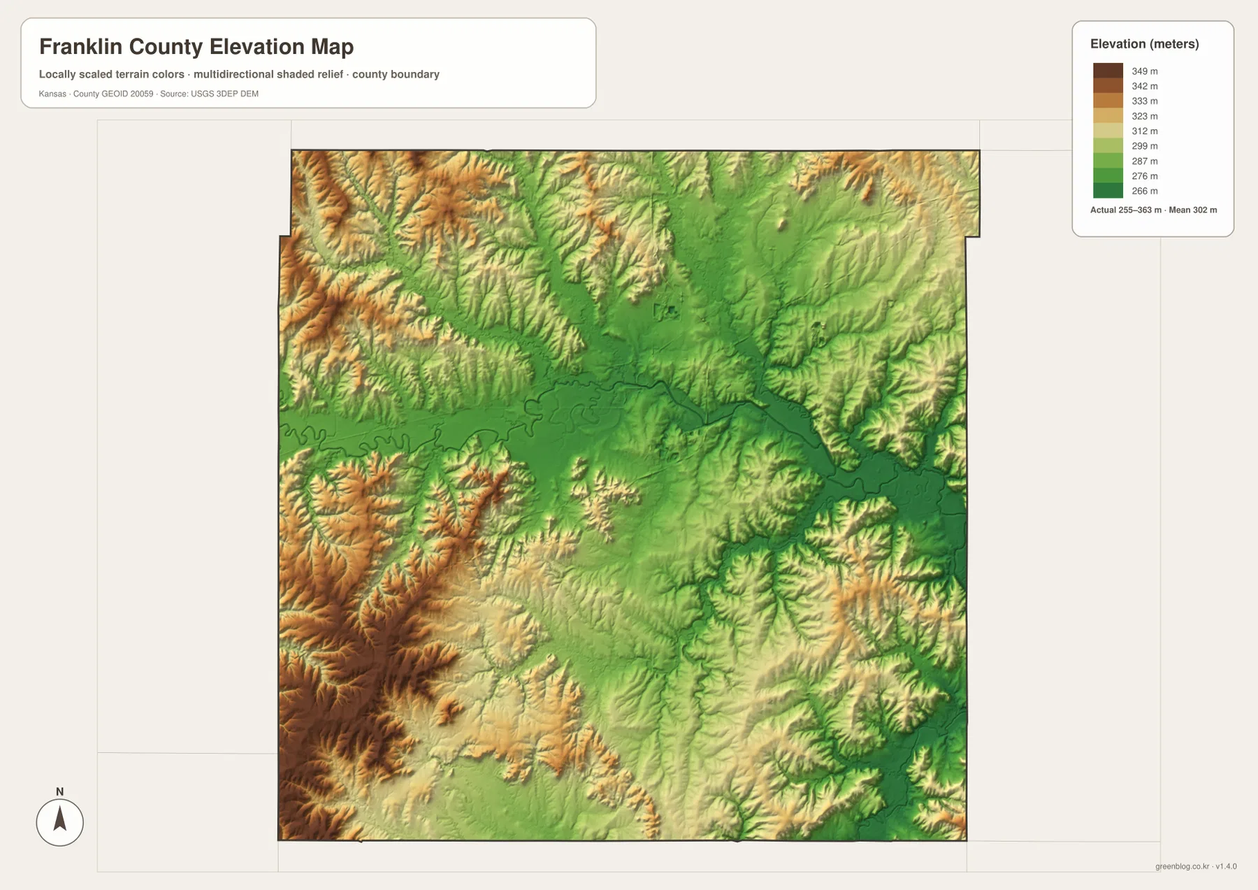 Franklin County elevation map showing the 255–363 meter range, Marais des Cygnes River lowlands, and higher western and southwestern Osage Cuestas