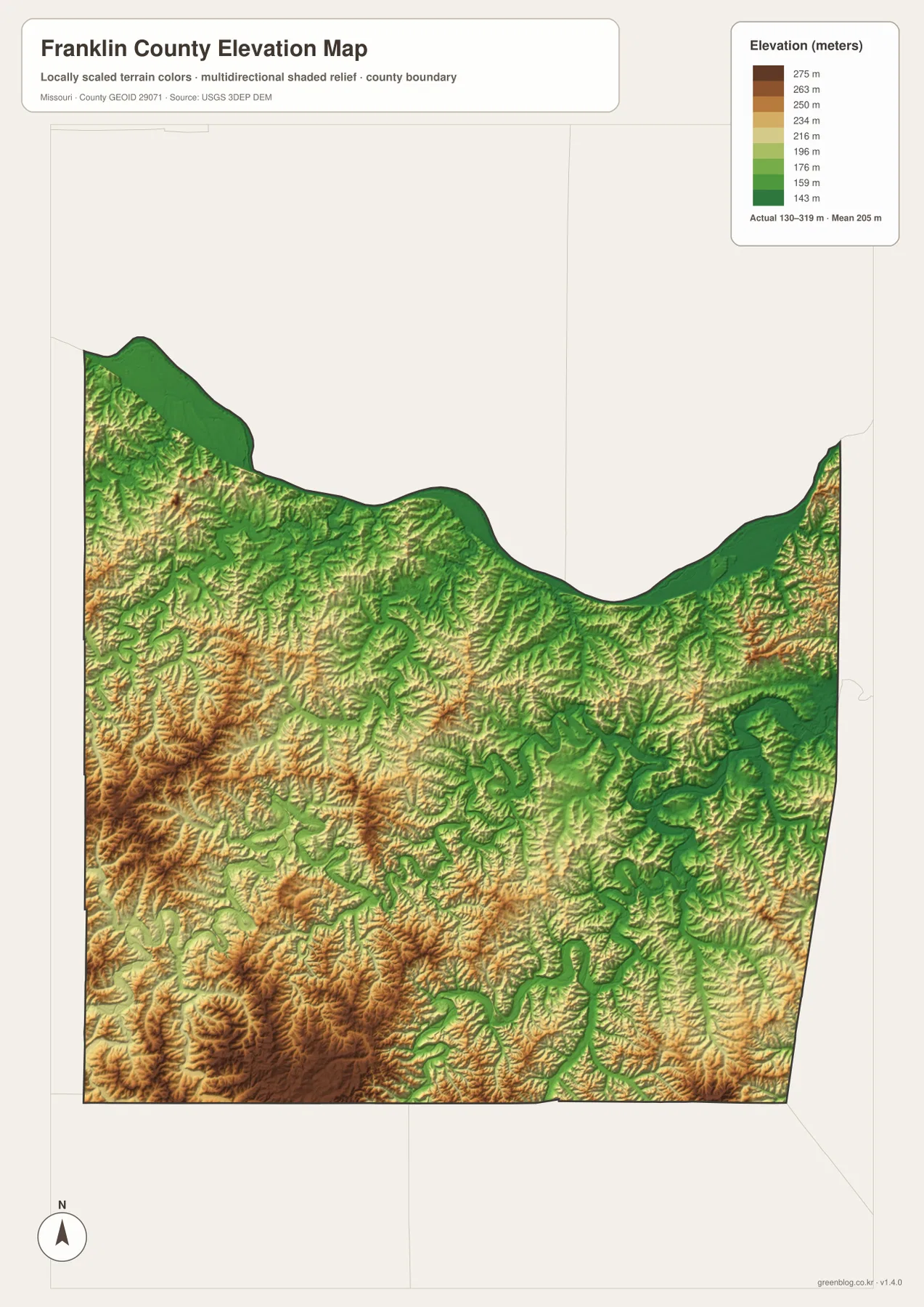 Franklin County elevation map from 130 to 319 meters