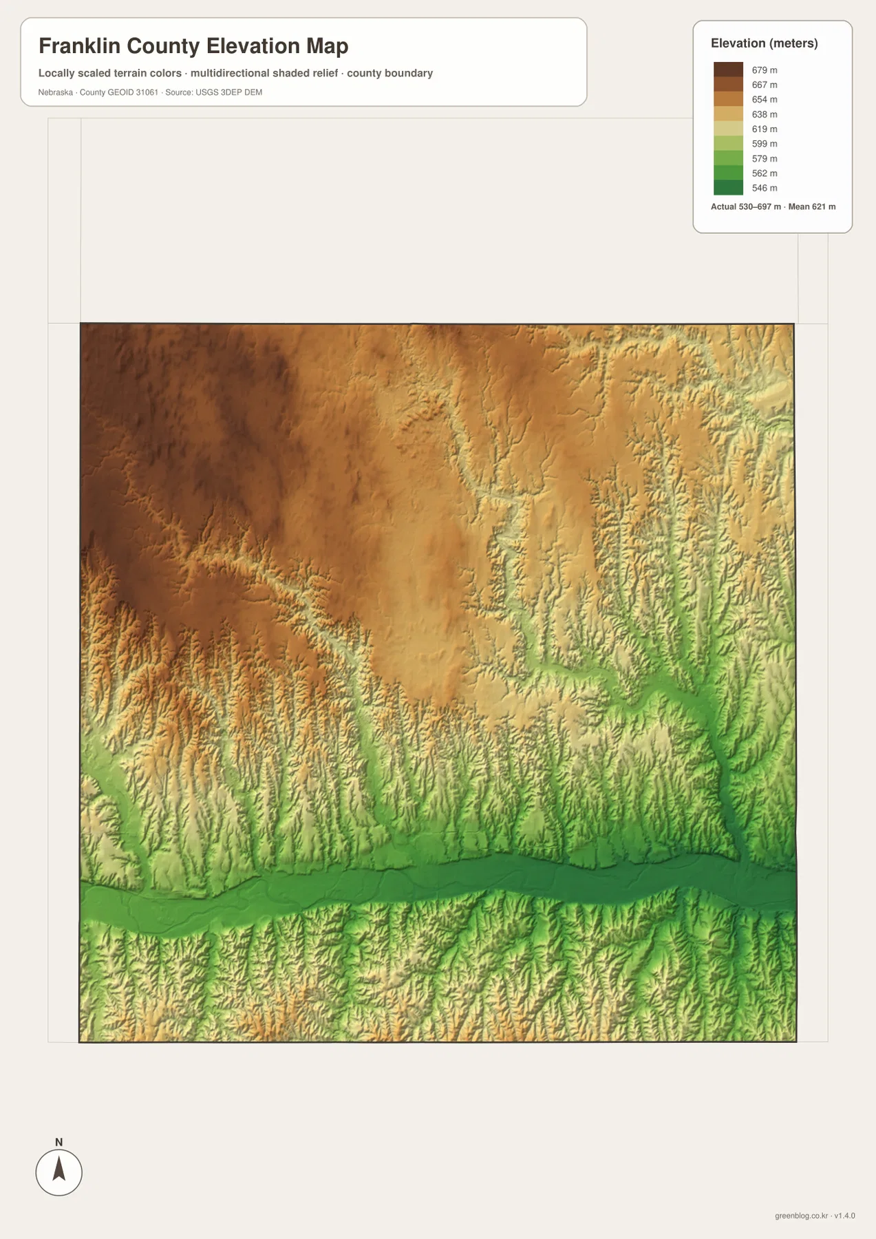 Franklin County elevation map showing the low Republican River valley and higher northwestern and western agricultural uplands
