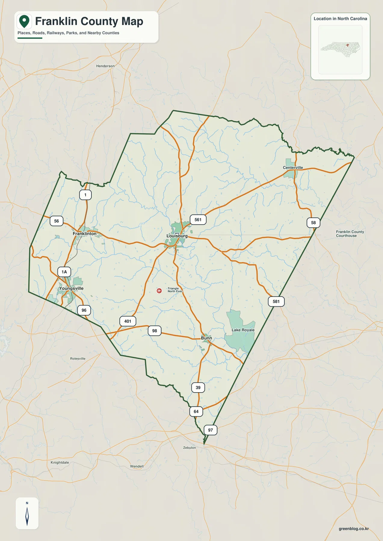 Franklin County North Carolina map with Louisburg Franklinton Youngsville Bunn roads and boundaries