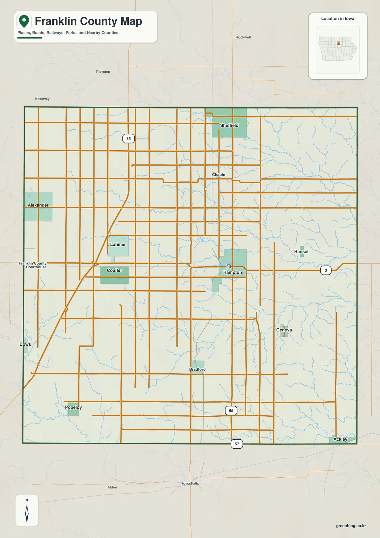 Franklin County Iowa map Hampton I-35 Iowa 3 U.S. 65 roads