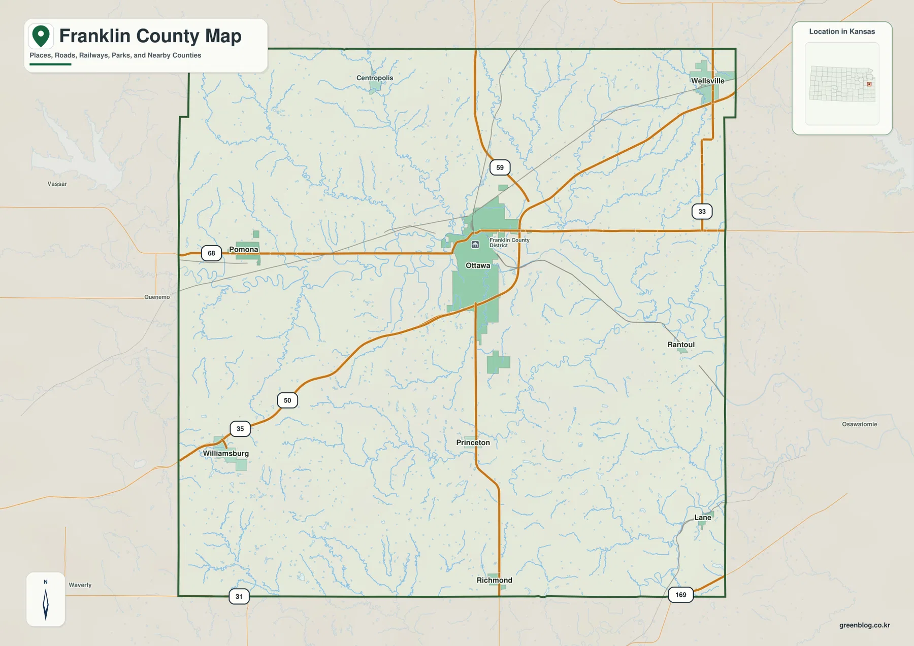 Franklin County Kansas general map showing Ottawa, Wellsville, Pomona, Williamsburg, Princeton, Richmond, U.S. 59, U.S. 50, K-68, and major roads