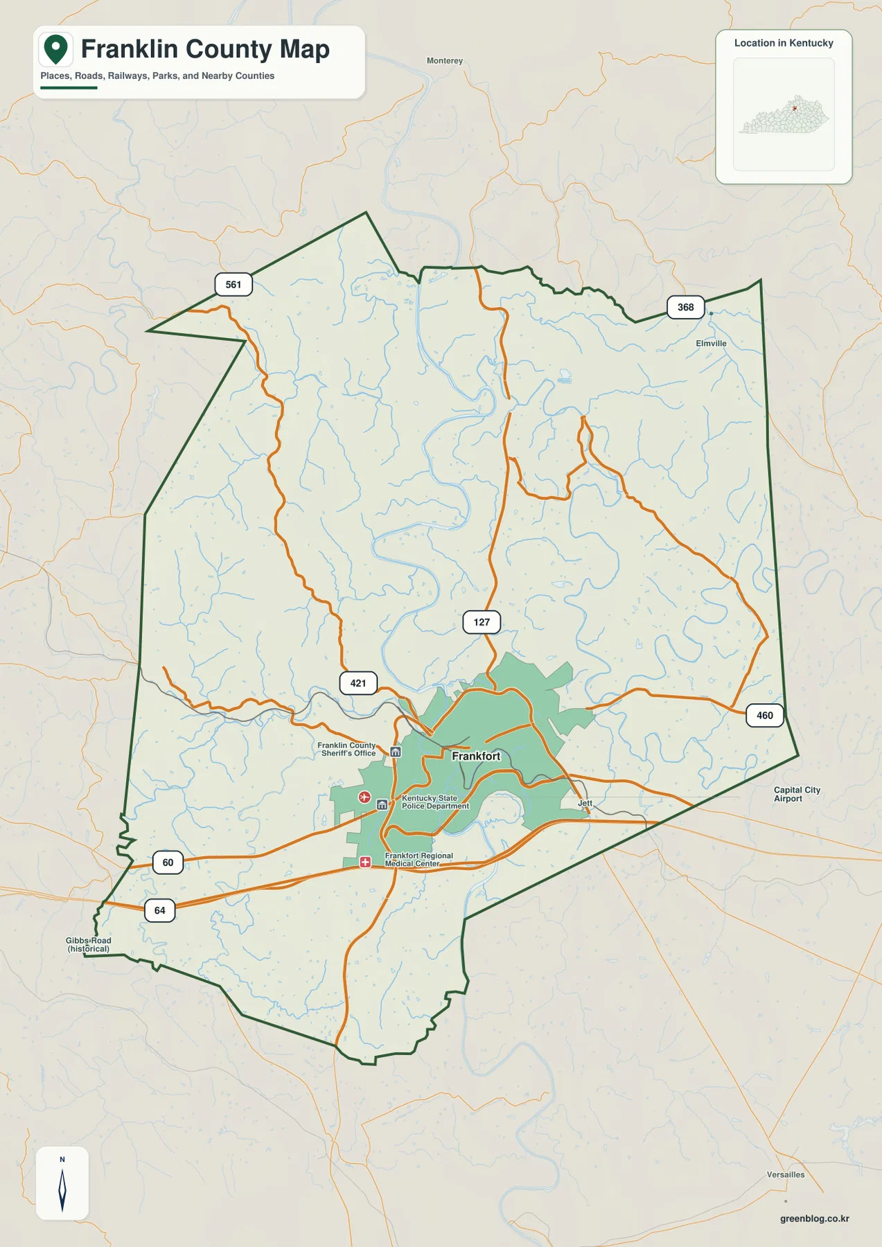 Frankfort와 I-64, U.S. 60·127·421·460이 표시된 켄터키주 프랭클린 카운티 지도