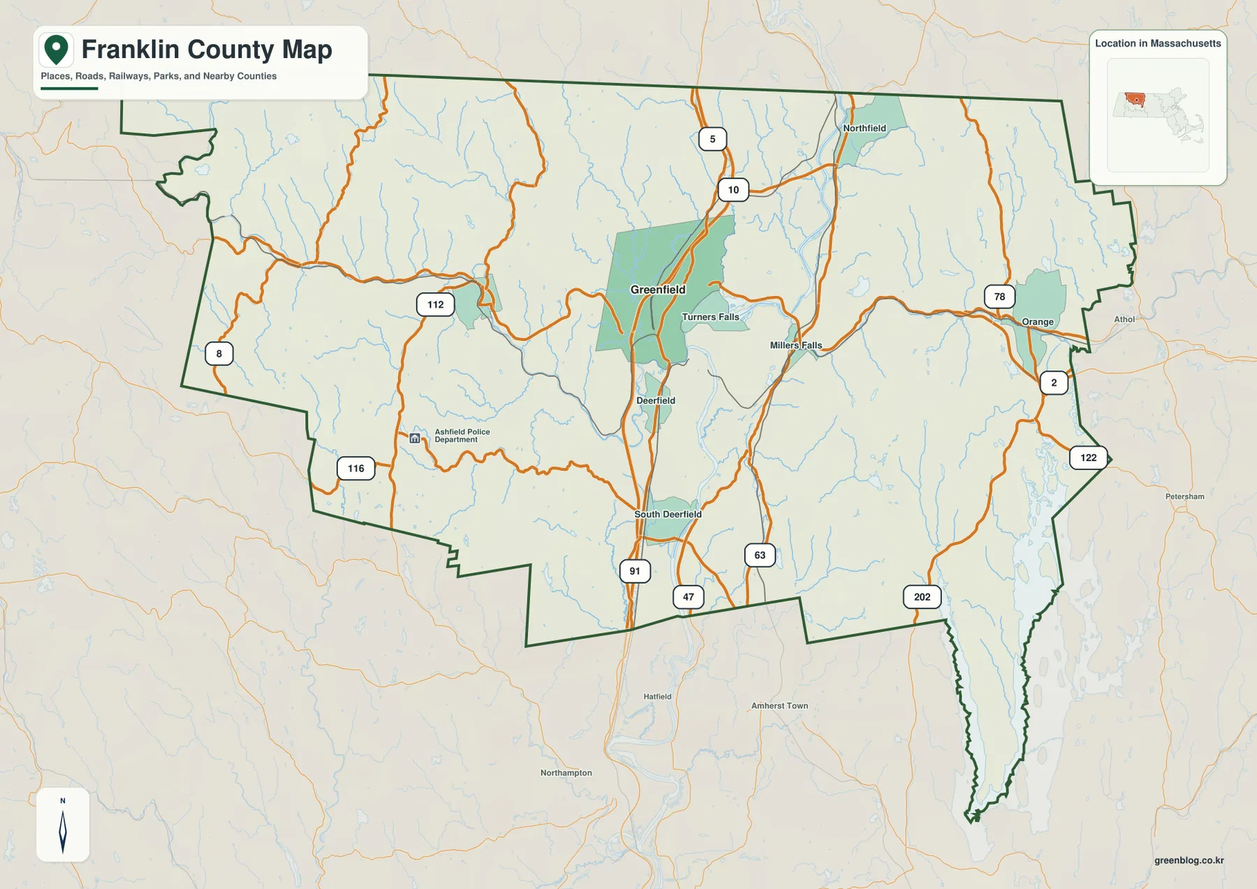 Franklin County Massachusetts map showing Greenfield, Turners Falls, Millers Falls, Orange, Northfield, Deerfield, I-91 and Route 2