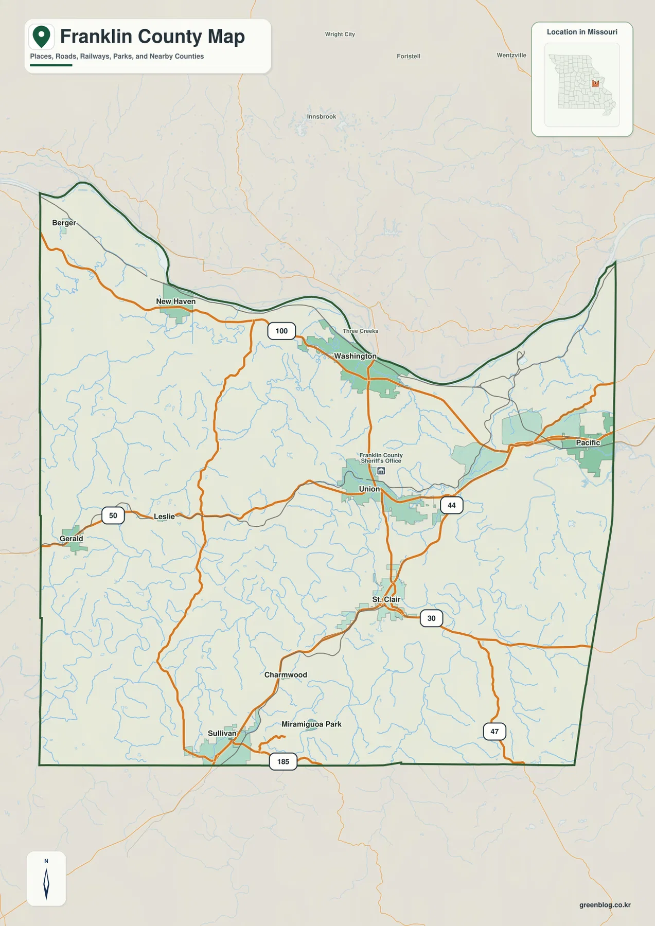 Franklin County Missouri roads and cities map