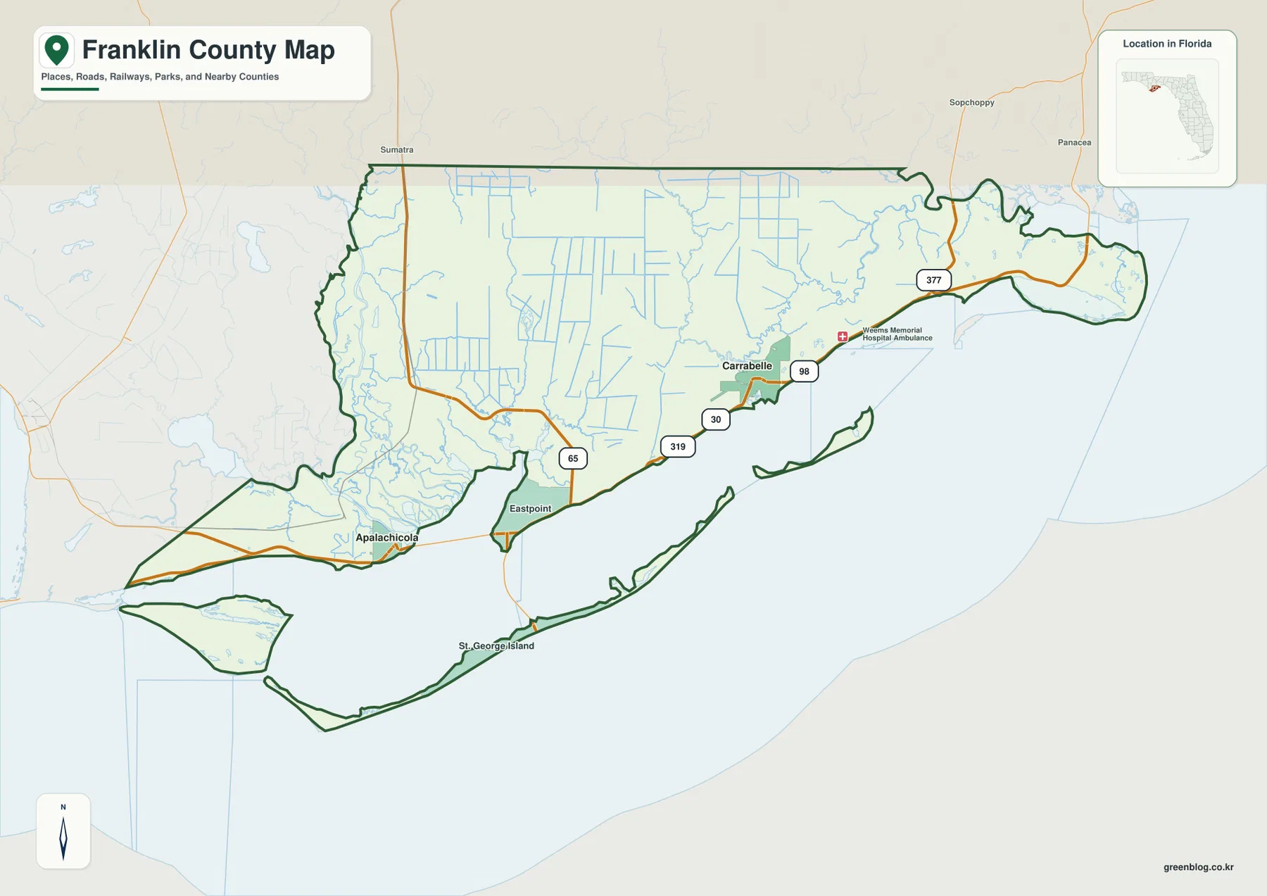 Apalachicola, Eastpoint, Carrabelle, St. George Island와 US 98을 표시한 플로리다주 프랭클린 카운티 지도