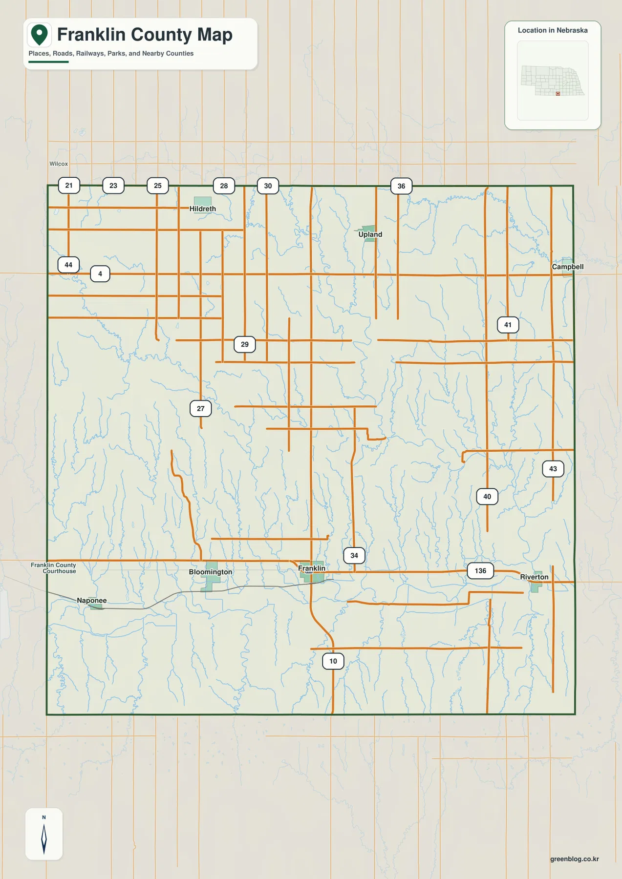 Franklin County Nebraska map showing Franklin, Bloomington, Riverton, Hildreth, Upland, Campbell, highways, roads, railways, streams, and county boundaries
