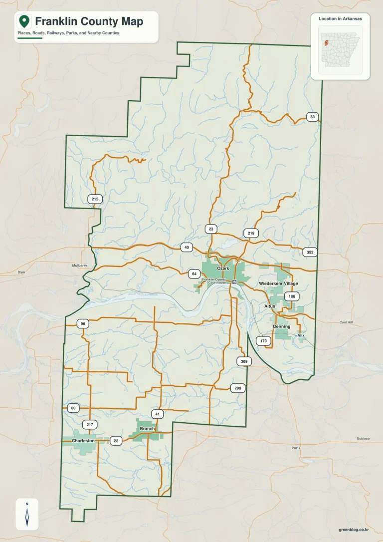 아칸소주 프랭클린 카운티(Franklin County) 지도 – Arkansas River 남북의 산지와 평야