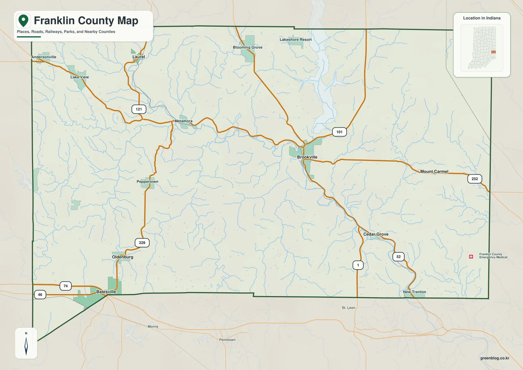 인디애나 Franklin County 기본 지도에 Brookville, Metamora, Laurel, Oldenburg, Cedar Grove, Mount Carmel과 주요 도로가 표시된 모습