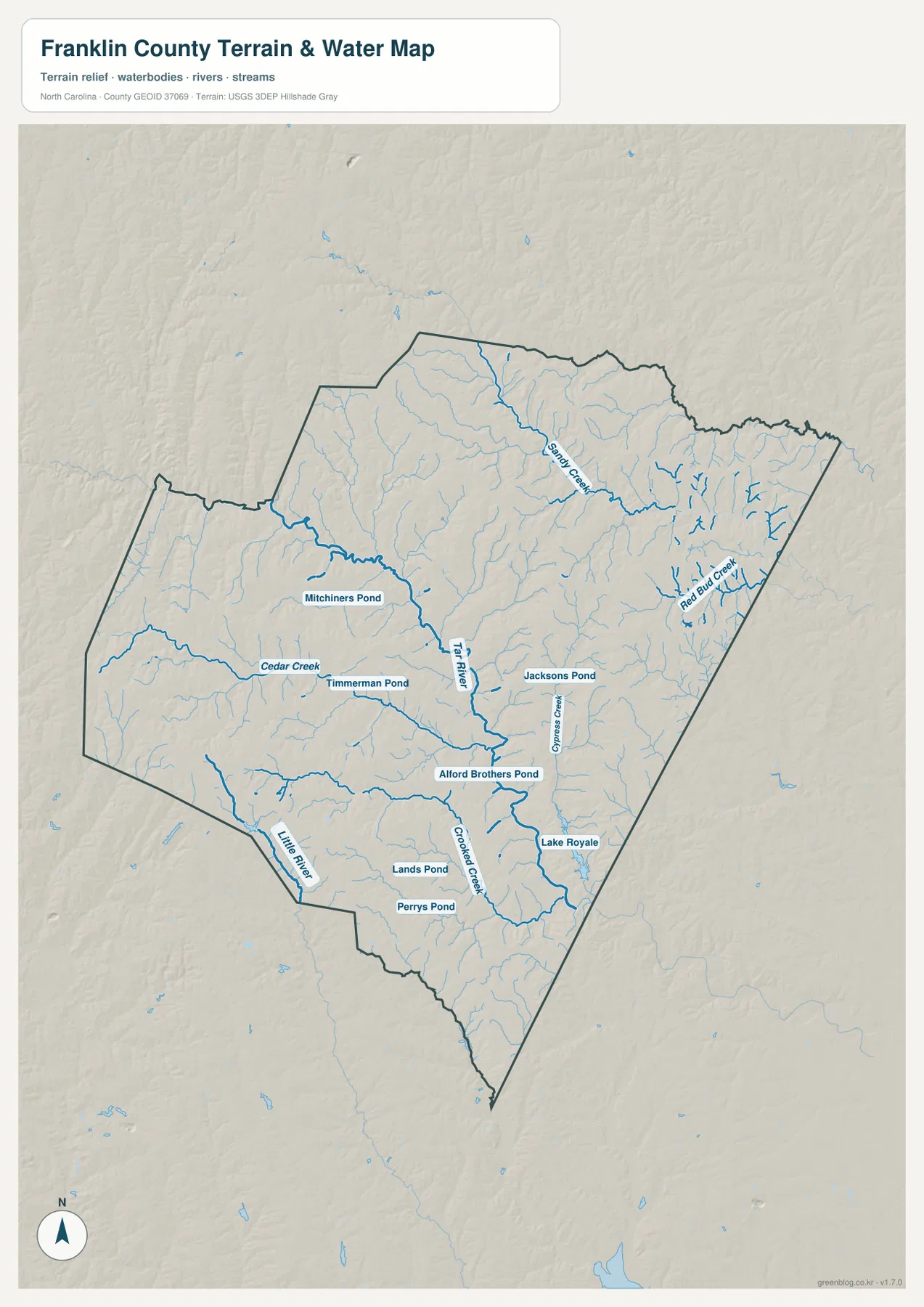 Franklin County water map with Tar River Lake Royale Cedar Creek Sandy Creek and ponds
