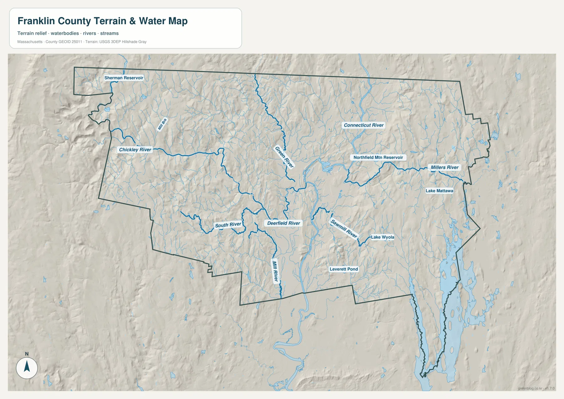 Franklin County terrain and water map showing the Connecticut, Deerfield, Green, Millers, Chickley and Sawmill rivers, lakes and reservoirs