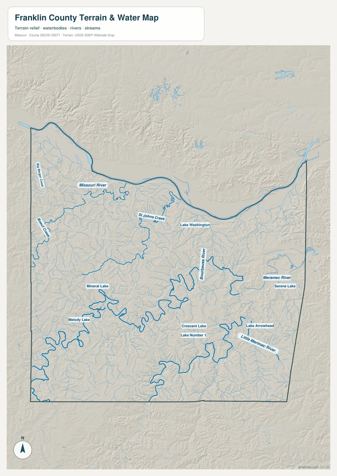 Franklin County Missouri River and Meramec River water map