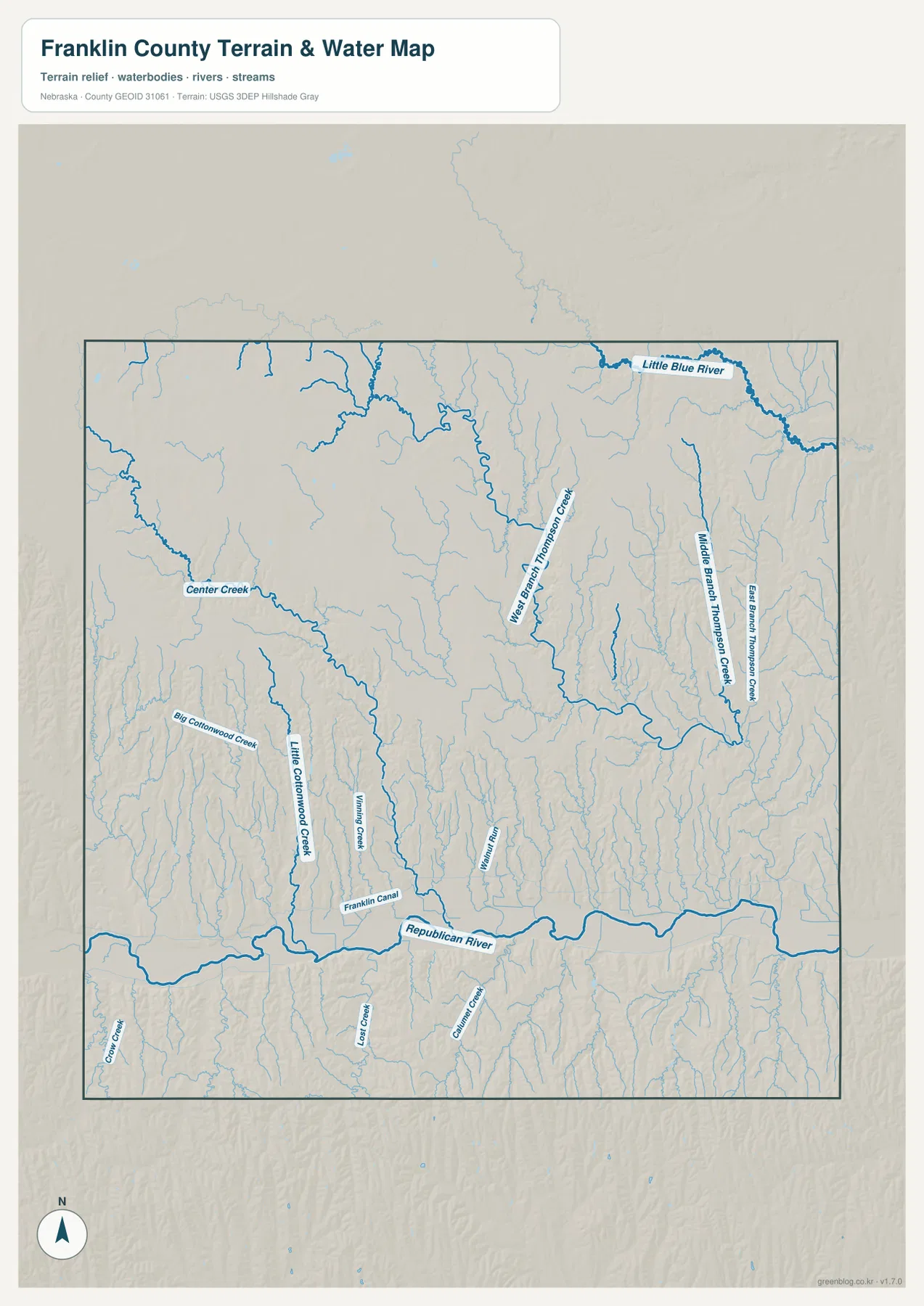 Franklin County water map showing Republican River, Little Blue River, Center Creek, West Branch Thompson Creek, Middle Branch Thompson Creek, Big Cottonwood Creek, and Franklin Canal