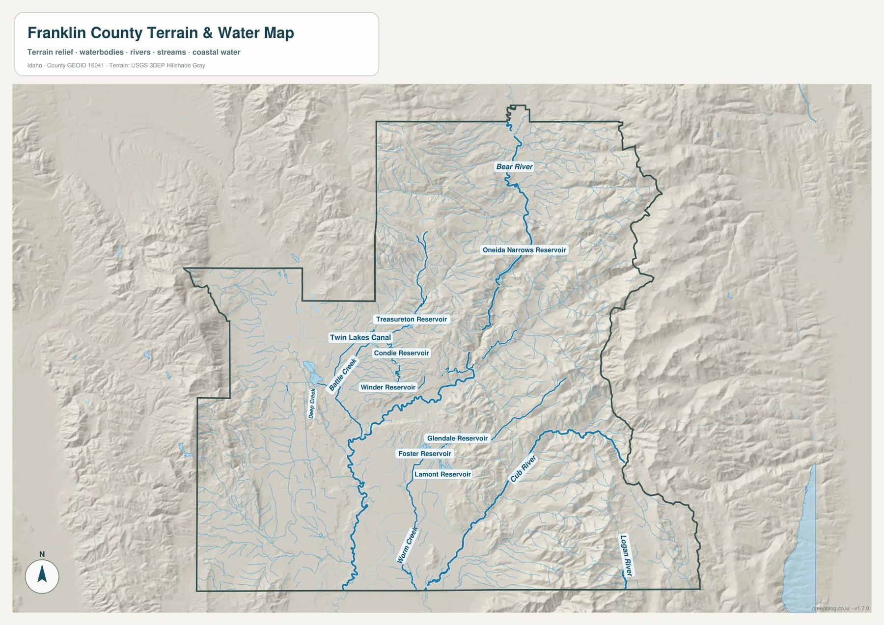 Franklin County terrain and water map showing Bear River, Oneida Narrows Reservoir, Cub River, Logan River and reservoirs