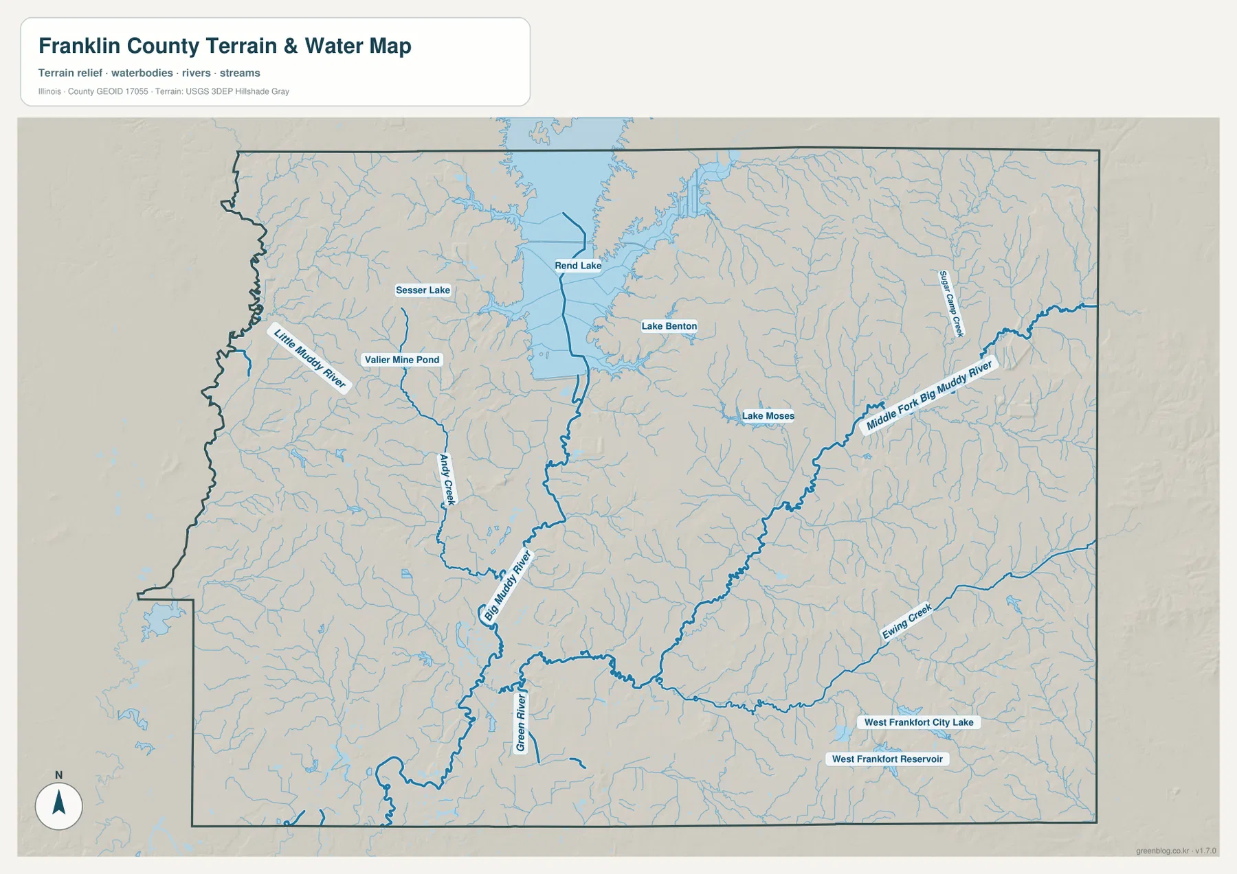 프랭클린 카운티 수역 지도에 표시된 Rend Lake, Big Muddy River, Lake Benton, Lake Moses와 주요 지류