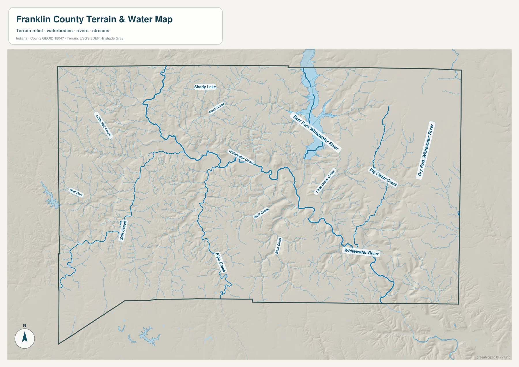 Franklin County 수역 지형 지도에 Whitewater River, East Fork Whitewater River, Whitewater Canal, Big Cedar Creek, Salt Creek와 여러 지류가 표시된 모습
