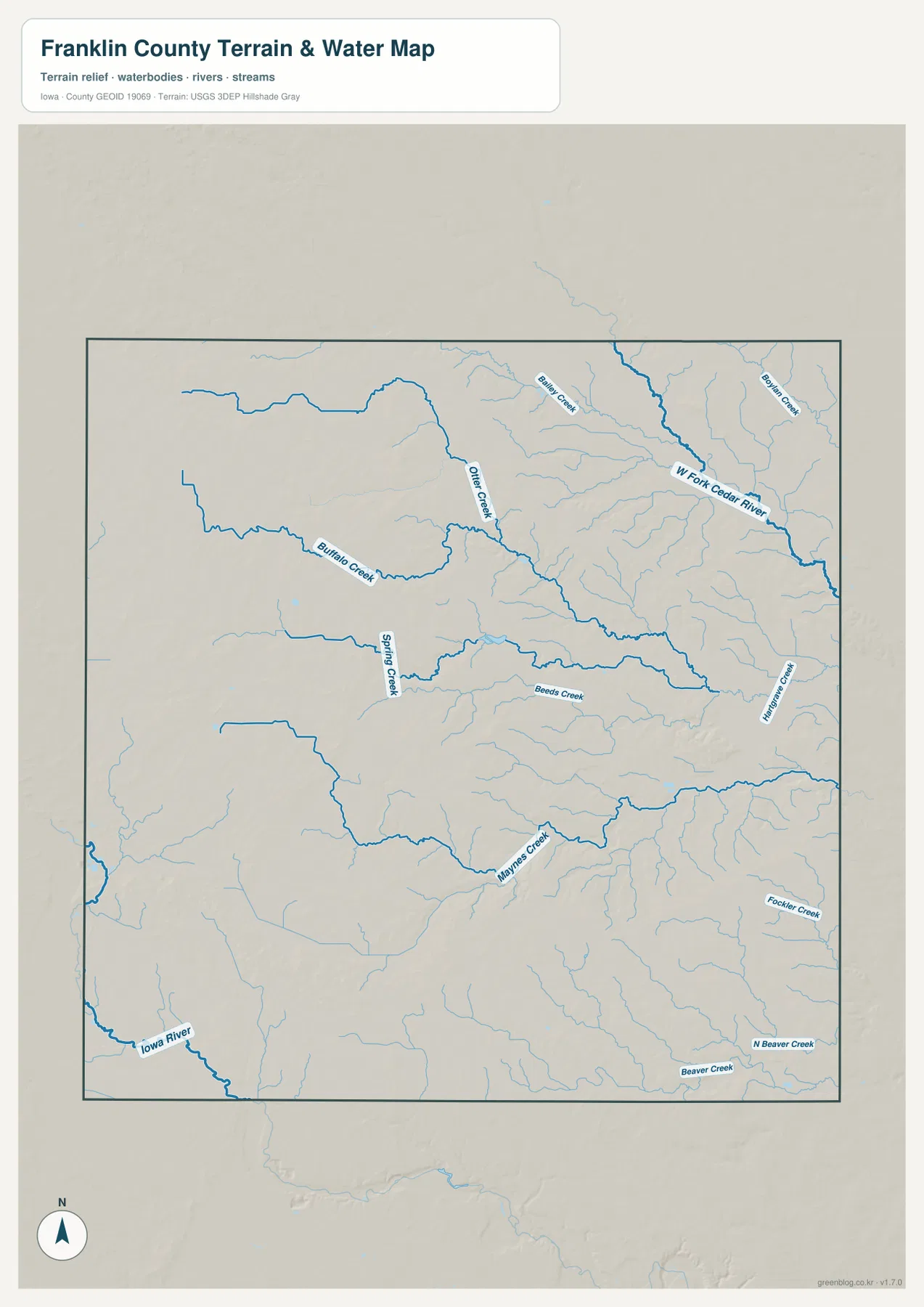 Franklin County Iowa water map West Fork Cedar River Buffalo Creek Otter Creek Maynes Creek