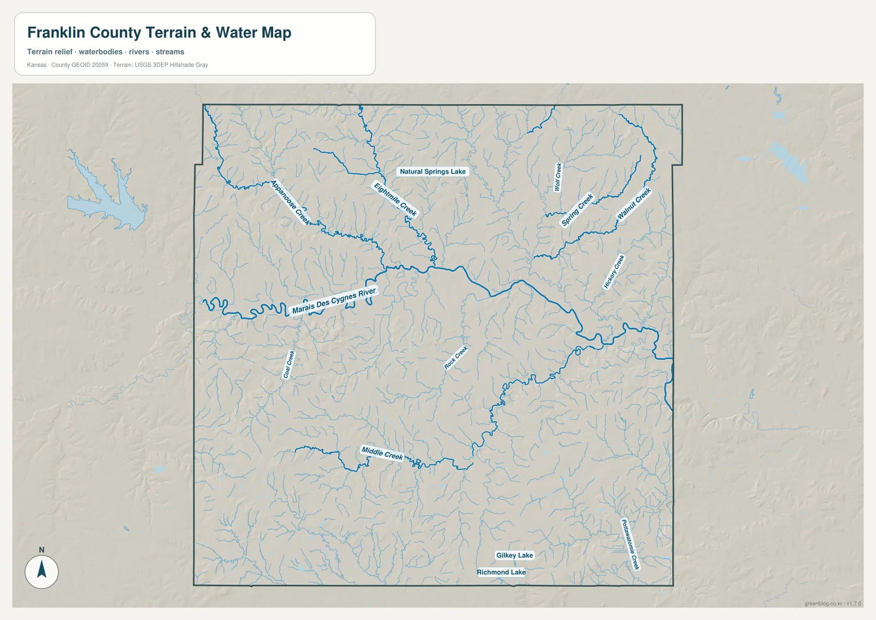 Franklin County terrain and water map showing Marais des Cygnes River, Appanoose Creek, Eightmile Creek, Wolf Creek, Spring Creek, Walnut Creek, Pottawatomie Creek, and local lakes