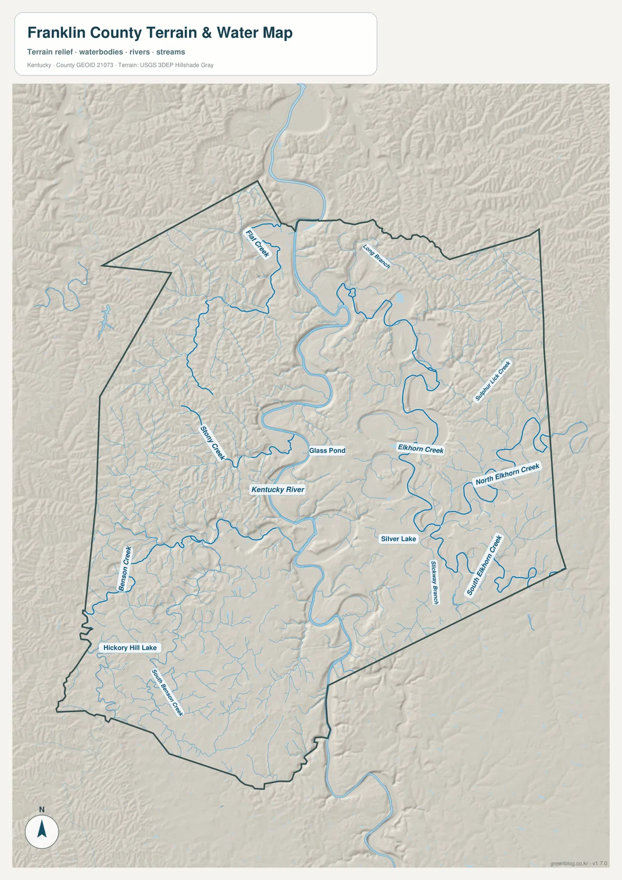 Kentucky River, Elkhorn Creek, Stony Creek과 여러 지류가 표시된 프랭클린 카운티 수역 지형 지도