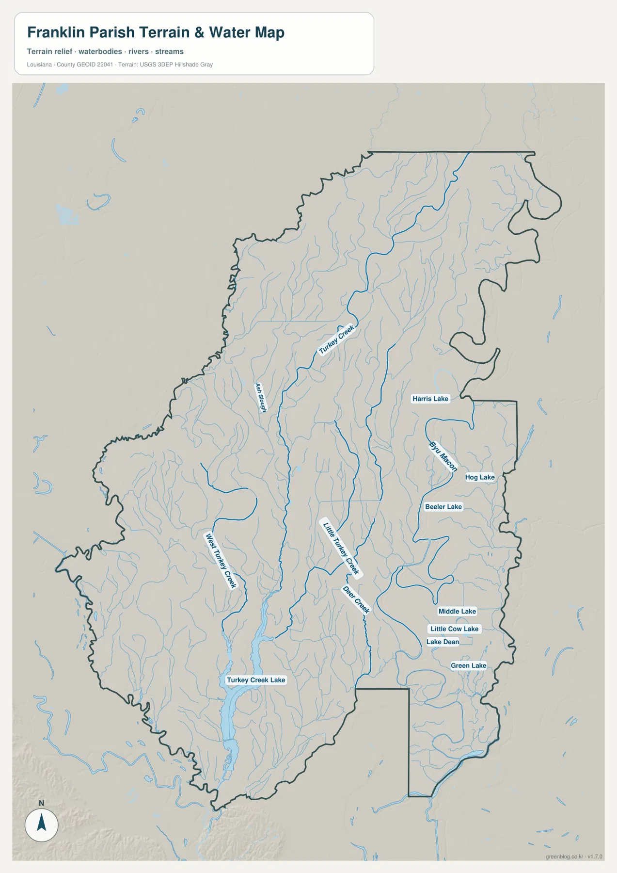 Franklin Parish terrain and water map showing Turkey Creek, Bayou Macon, Deer Creek, Turkey Creek Lake, and eastern lakes