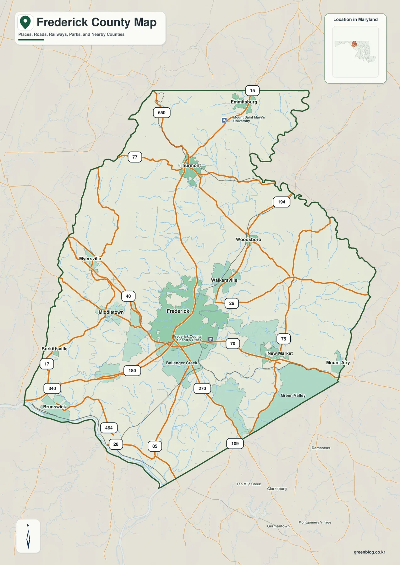 Frederick County Maryland 지도에 Frederick, Walkersville, New Market, Mount Airy, Middletown, Brunswick, Thurmont, Emmitsburg와 주요 도로가 표시된 모습
