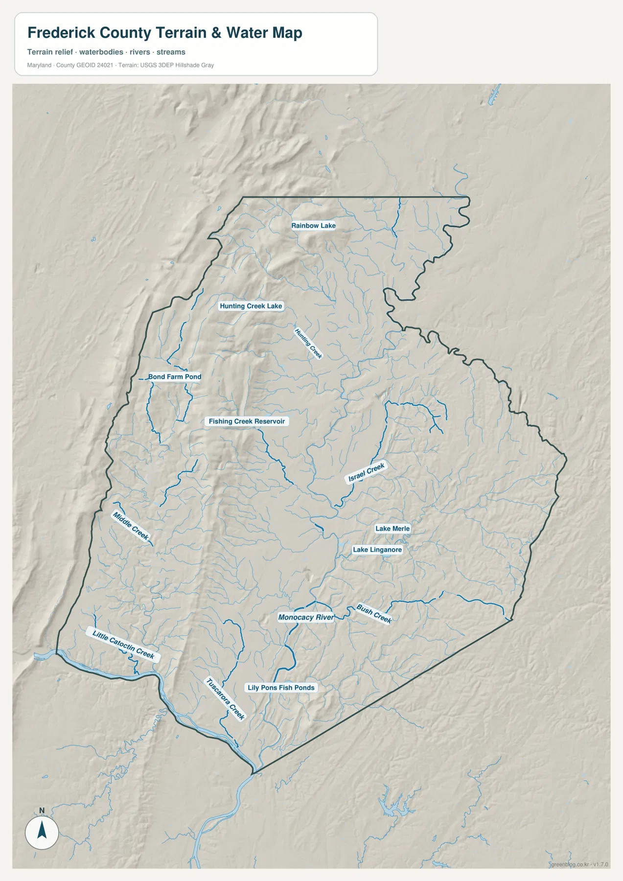 Frederick County Maryland 수역 지도에 Monocacy River, Israel Creek, Bush Creek, Little Catoctin Creek, Tuscarora Creek, Fishing Creek Reservoir, Hunting Creek Lake와 Lake Linganore가 표시된 모습
