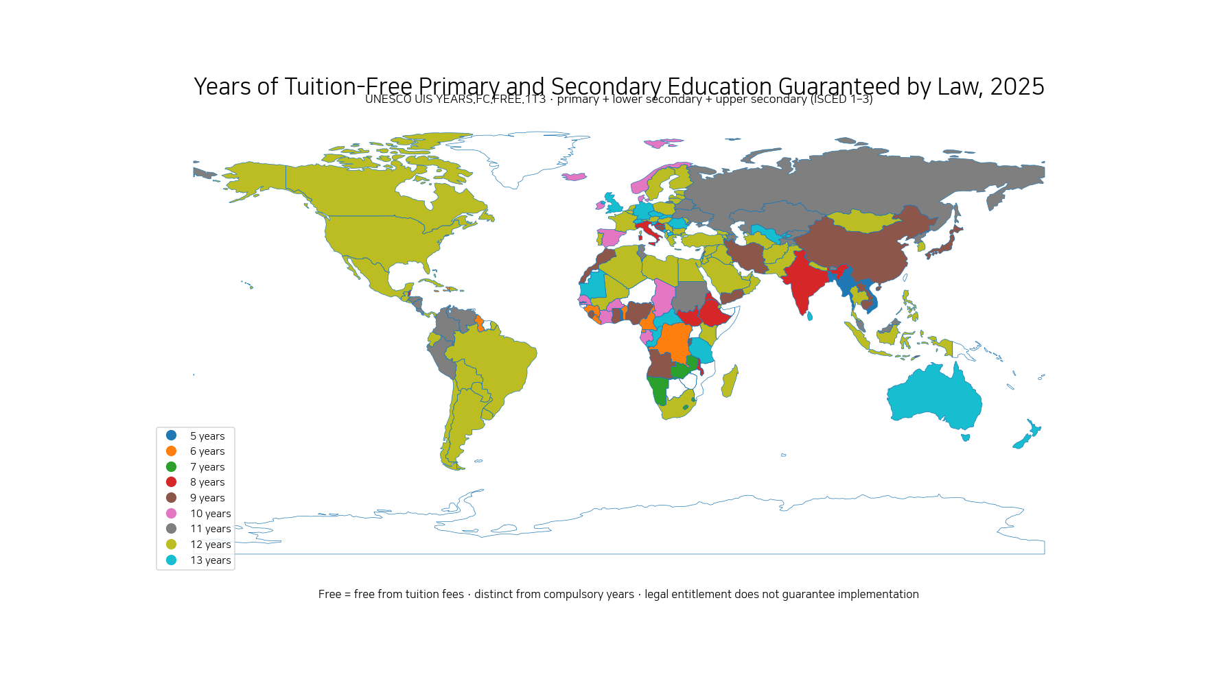 World map of years of tuition-free primary and secondary education guaranteed by law in 2025