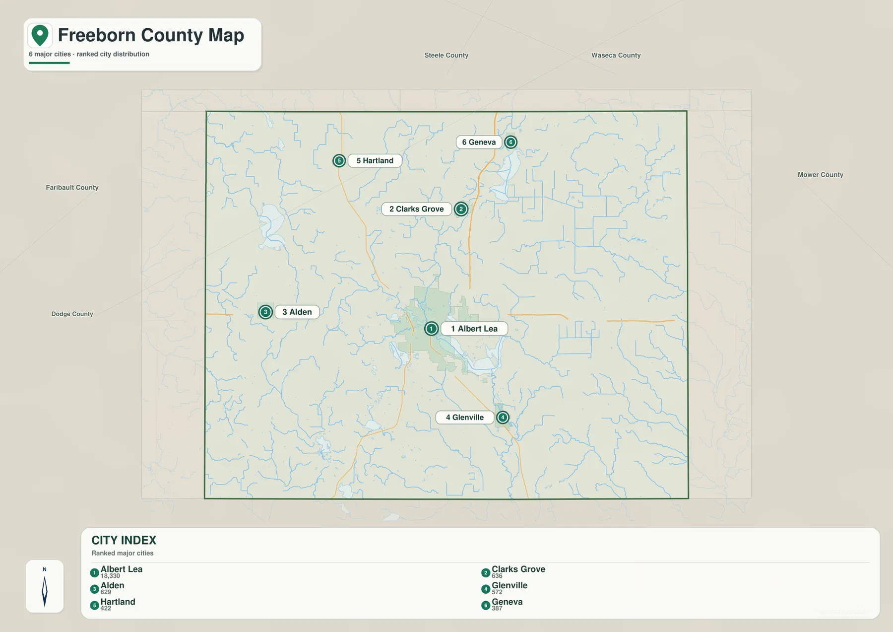 Freeborn County city map showing Albert Lea, Clarks Grove, Alden, Glenville, Hartland, and Geneva