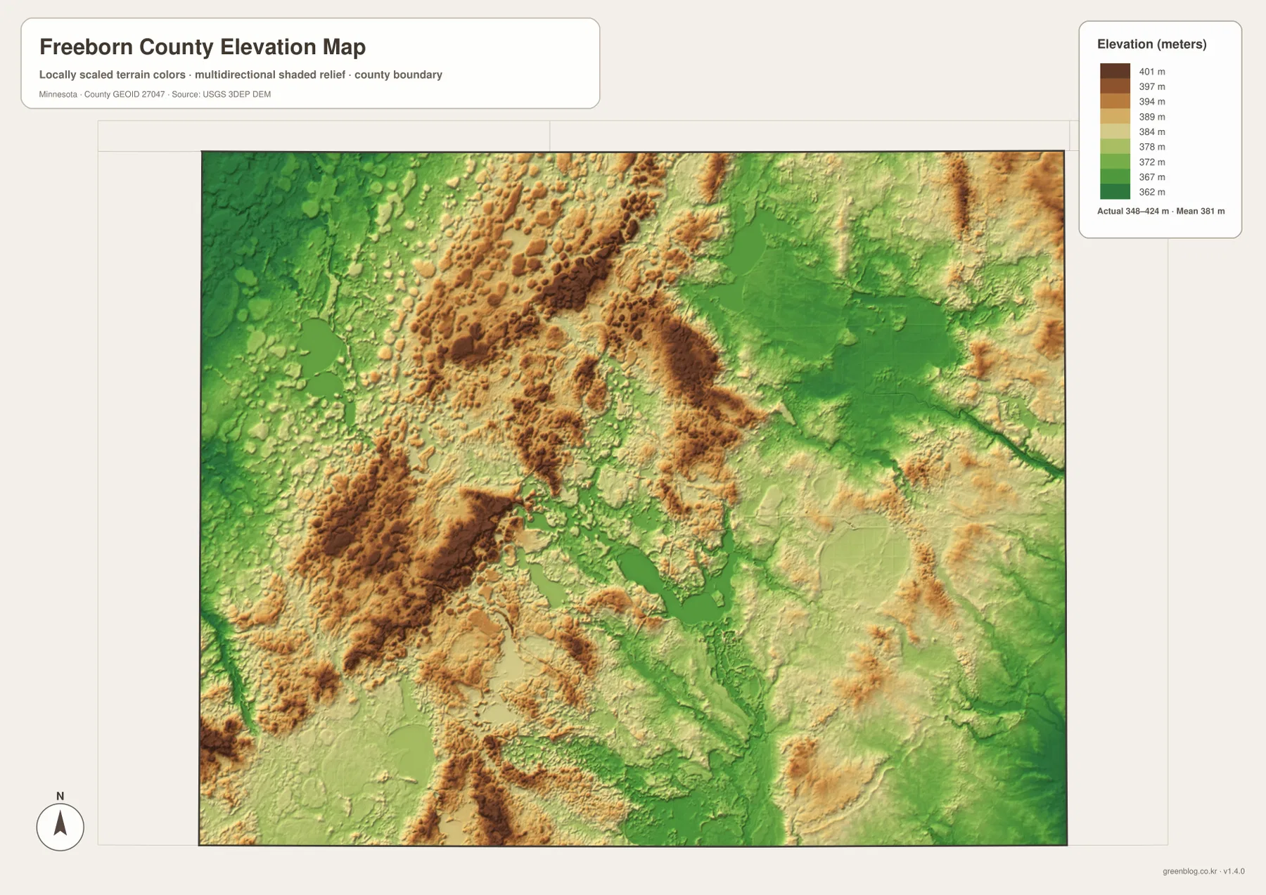 Freeborn County elevation map showing terrain from about 348 to 424 meters