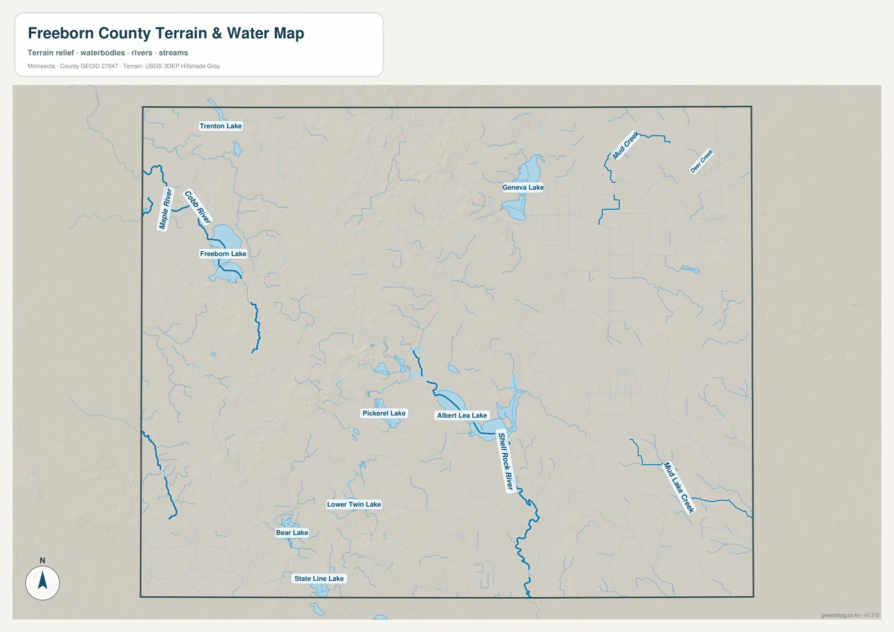 Freeborn County water map showing Albert Lea Lake, Shell Rock River, Freeborn Lake, and major streams