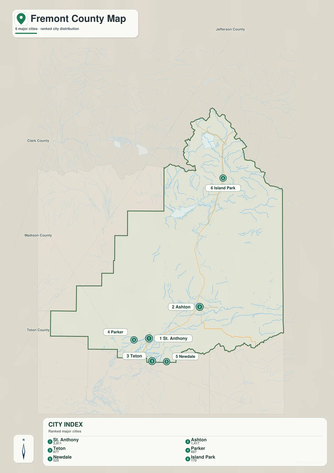 Fremont County city map showing St. Anthony, Ashton, Teton, Parker, Newdale and Island Park