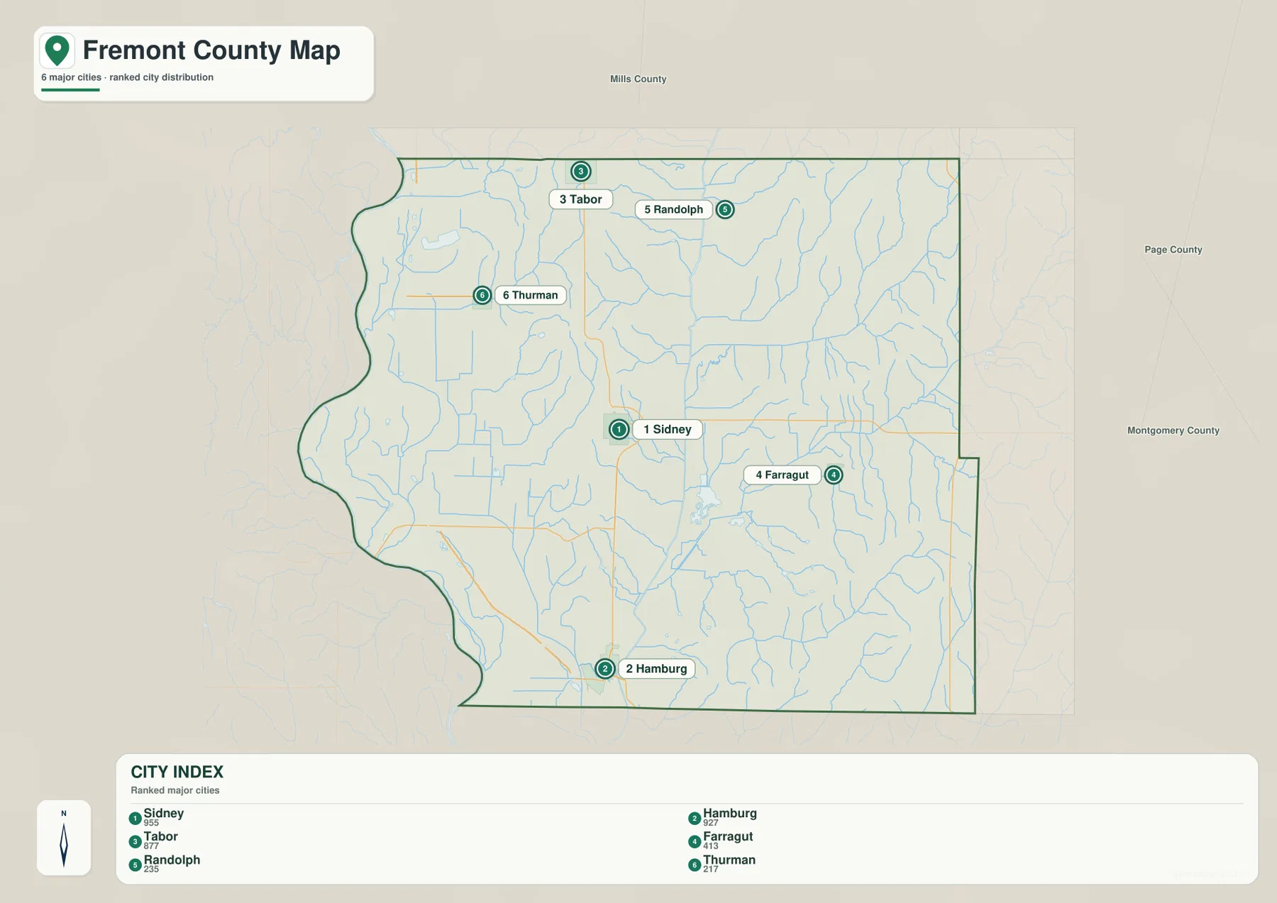 Fremont County Iowa city map Sidney Hamburg Tabor Farragut Randolph Thurman