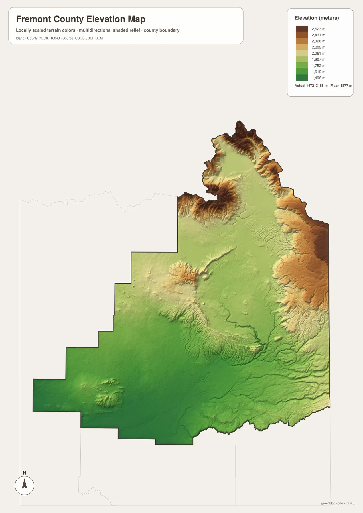 Fremont County elevation map showing lower southern terrain and high northern and eastern mountains