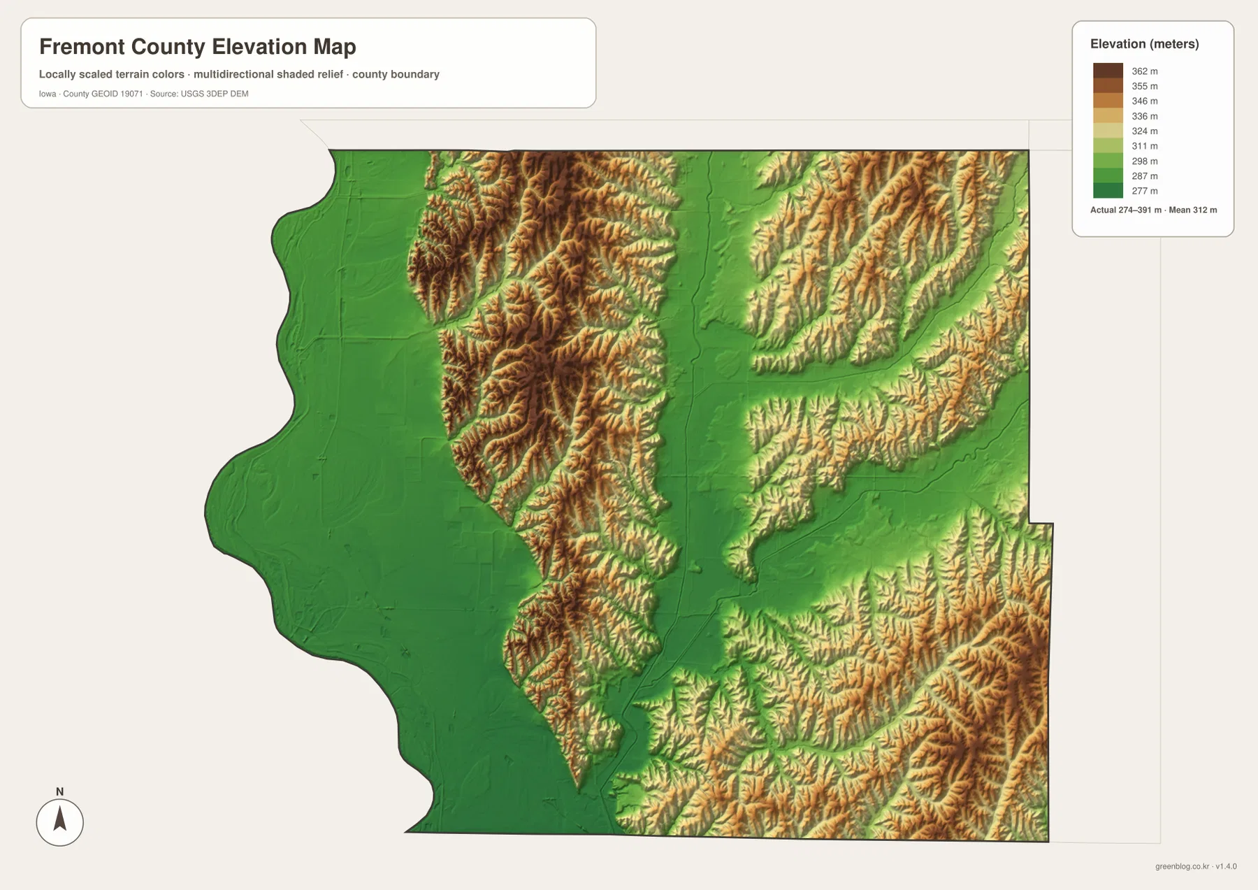 Fremont County Iowa elevation map 274 391 meters western lowlands central ridges Nishnabotna valleys