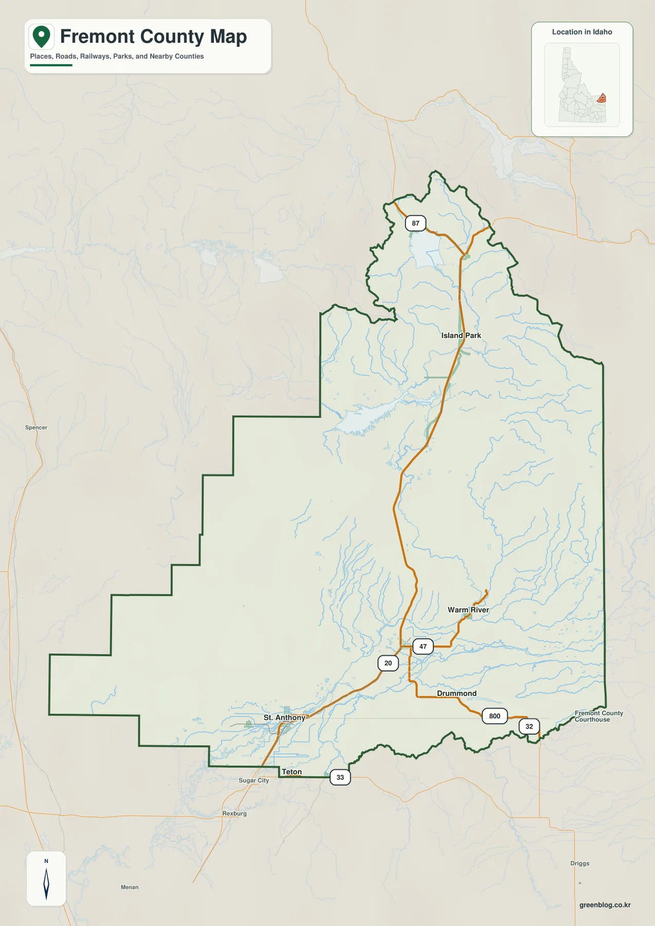 Fremont County Idaho map showing St. Anthony, Ashton, Island Park, Warm River and major roads