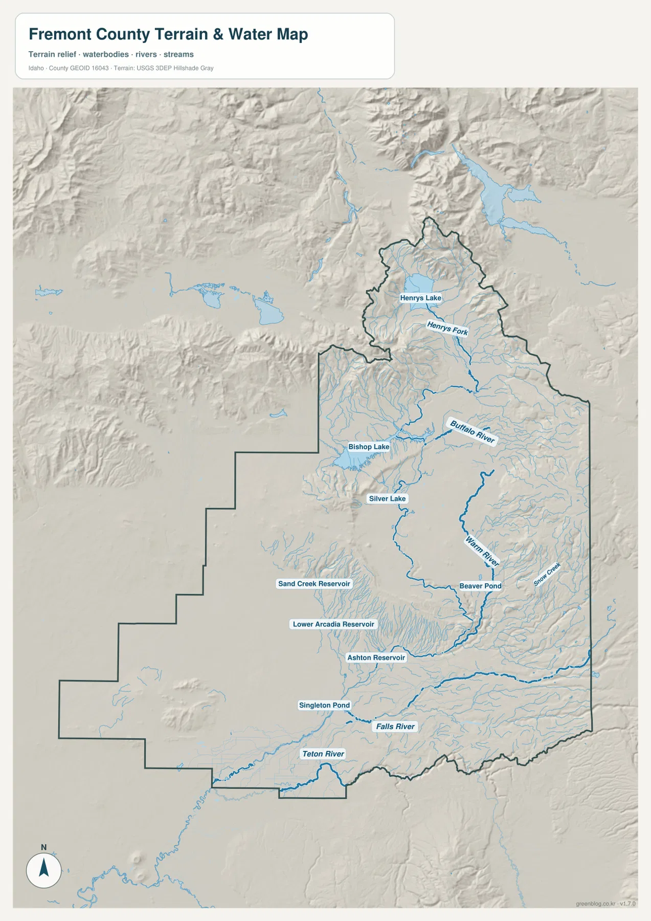 Fremont County terrain and water map showing Henrys Lake, Henrys Fork, Warm River, Falls River and Teton River