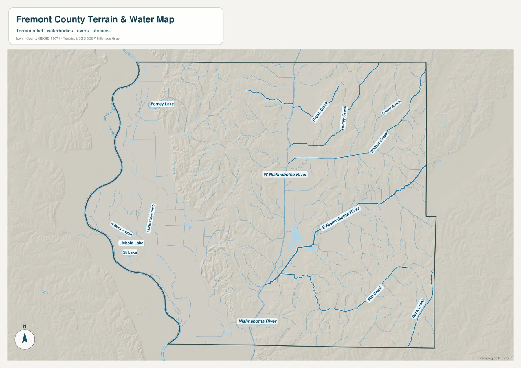 Fremont County Iowa water map West Nishnabotna River East Nishnabotna River Honey Creek Walnut Creek