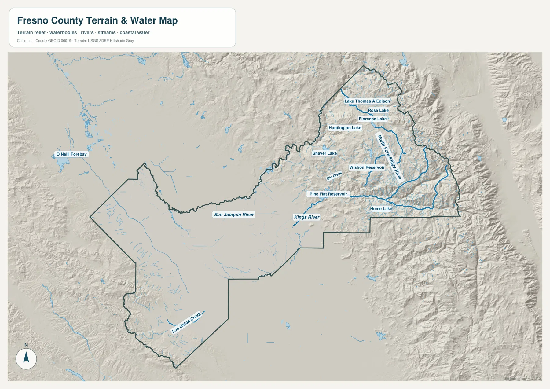 San Joaquin River, Kings River, Pine Flat Reservoir, Shaver Lake, Huntington Lake와 Sierra 산악 수역이 표시된 프레즈노 카운티 지형 수역 지도