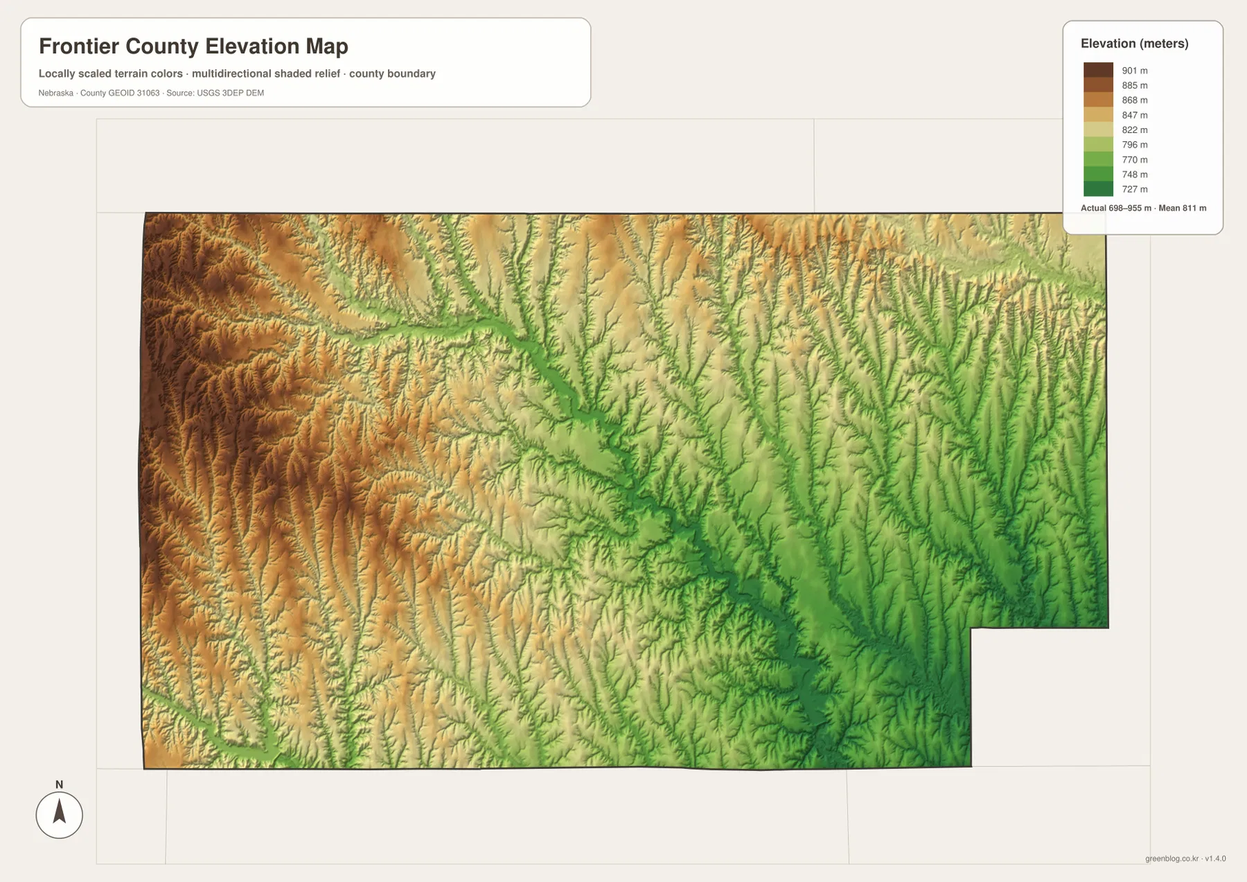 Frontier County elevation map showing high western and northwestern uplands and lower central and eastern creek valleys