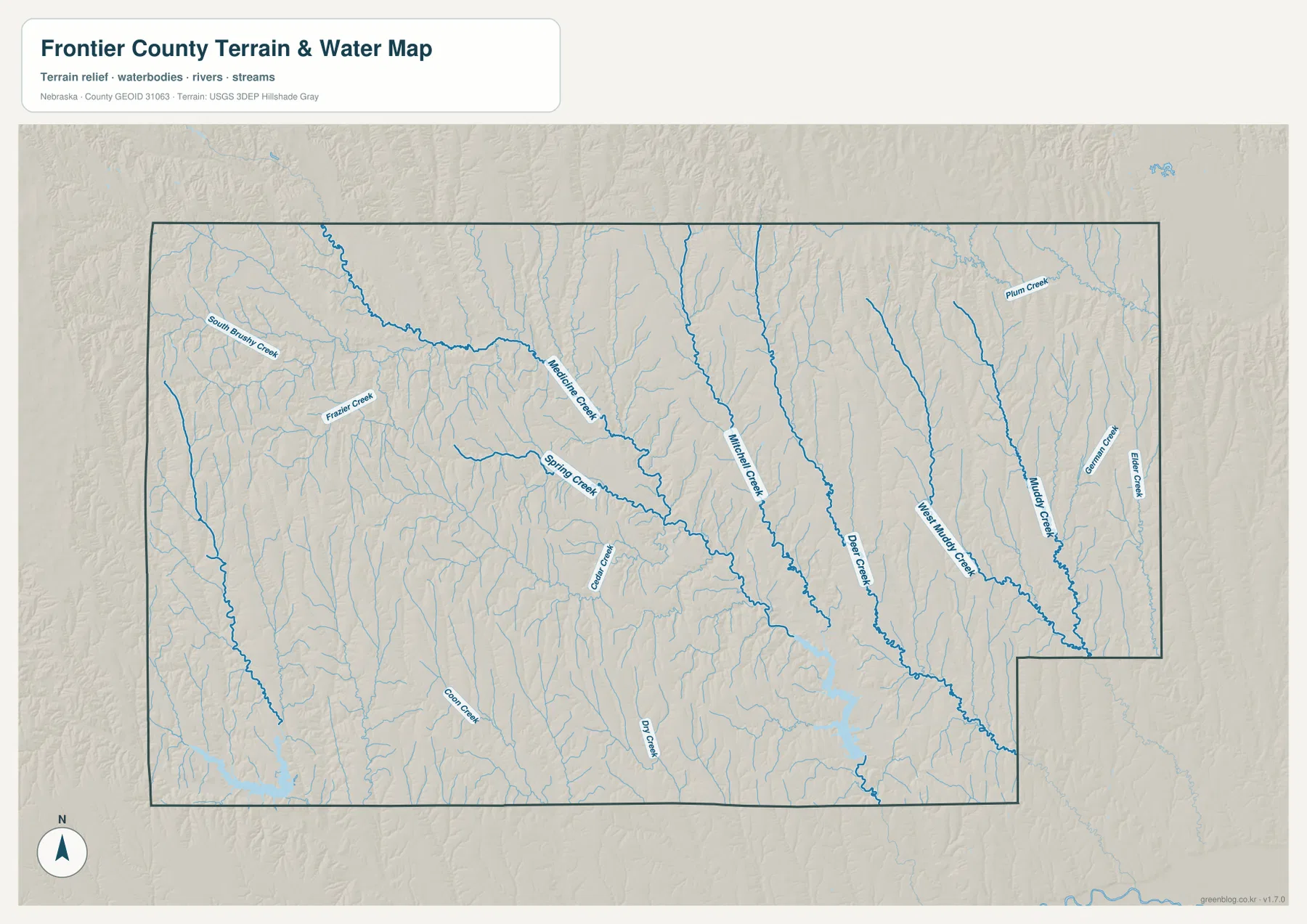 Frontier County water map showing Medicine Creek, Spring Creek, Muddy Creek, West Muddy Creek, Dog Creek, Plum Creek, and tributaries