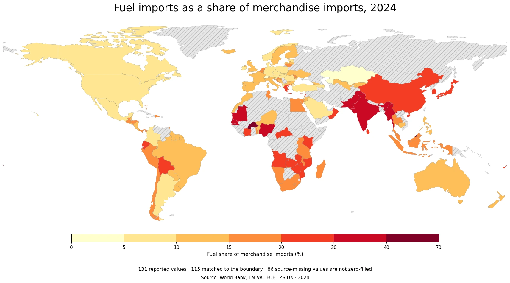 World map of fuel imports as a percentage of merchandise imports in 2024