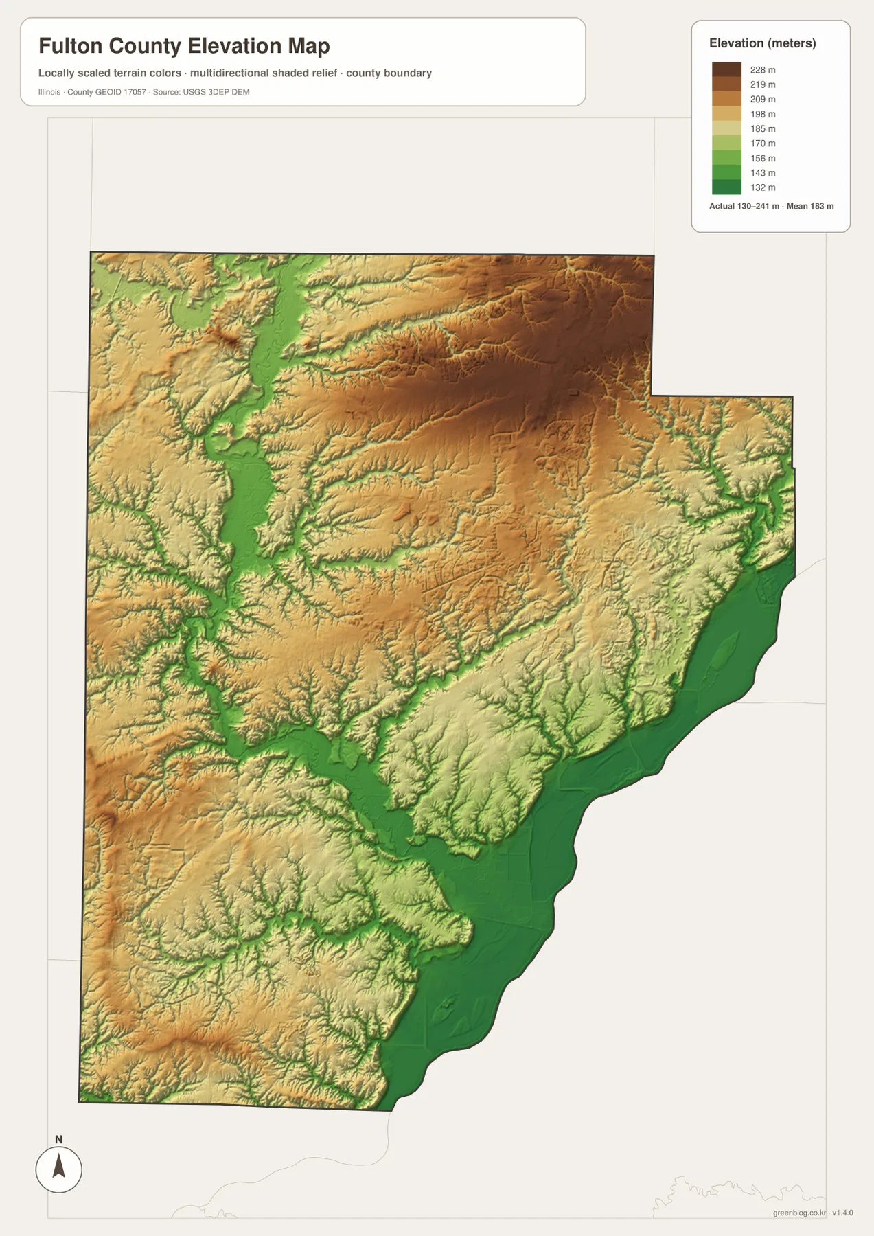 Fulton County Illinois 고도 지도에서 보이는 130~241m 지형과 Illinois River 저지대