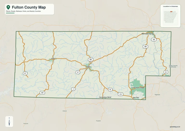 아칸소주 풀턴 카운티(Fulton County) 지도 – Salem 도로망과 Spring River, 서쪽 Ozark 구릉