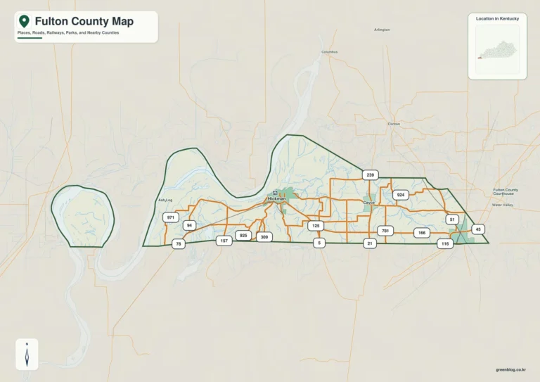 켄터키주 풀턴 카운티(Fulton County) 지도 – Hickman·Fulton과 Mississippi River 굽이