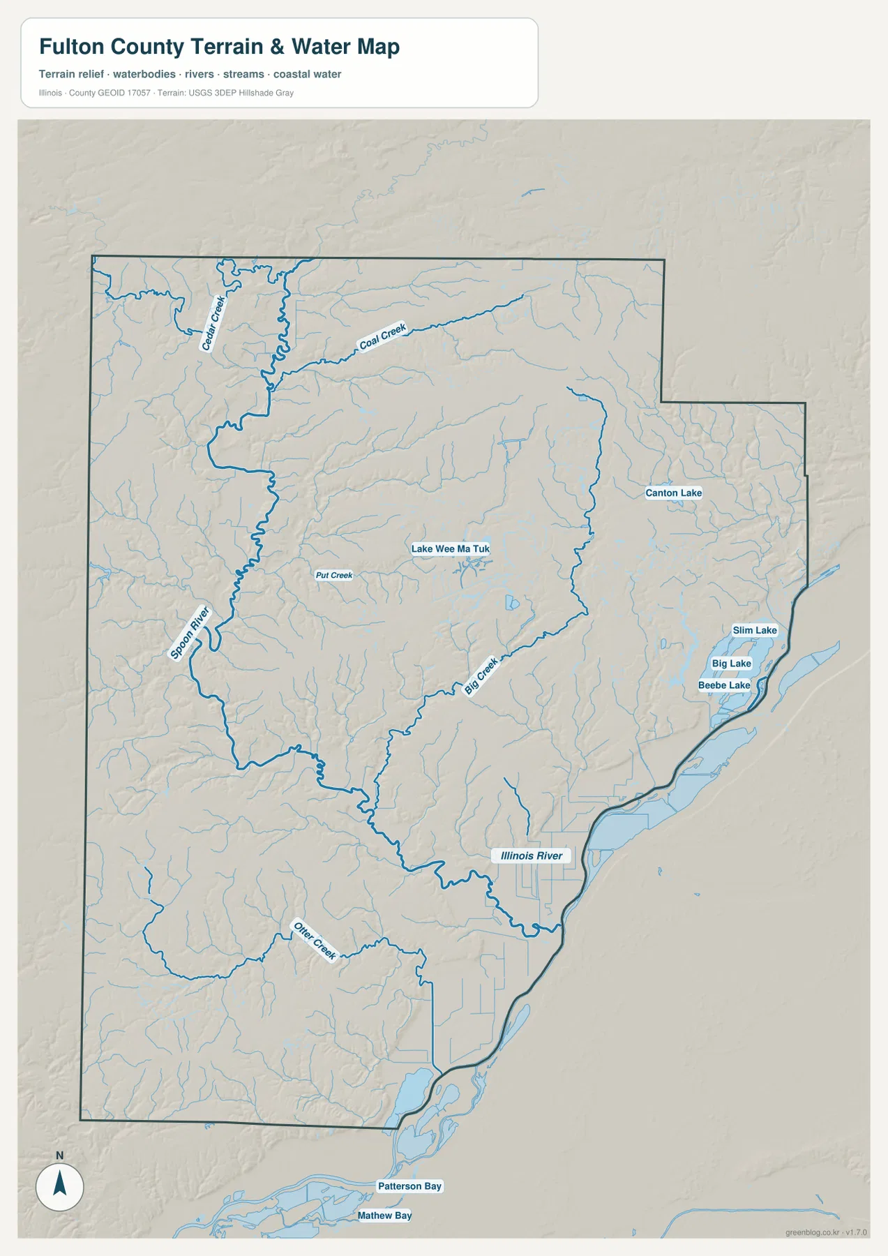 Fulton County Illinois 수역 지도에 표시된 Spoon River, Illinois River, Canton Lake와 주요 지류